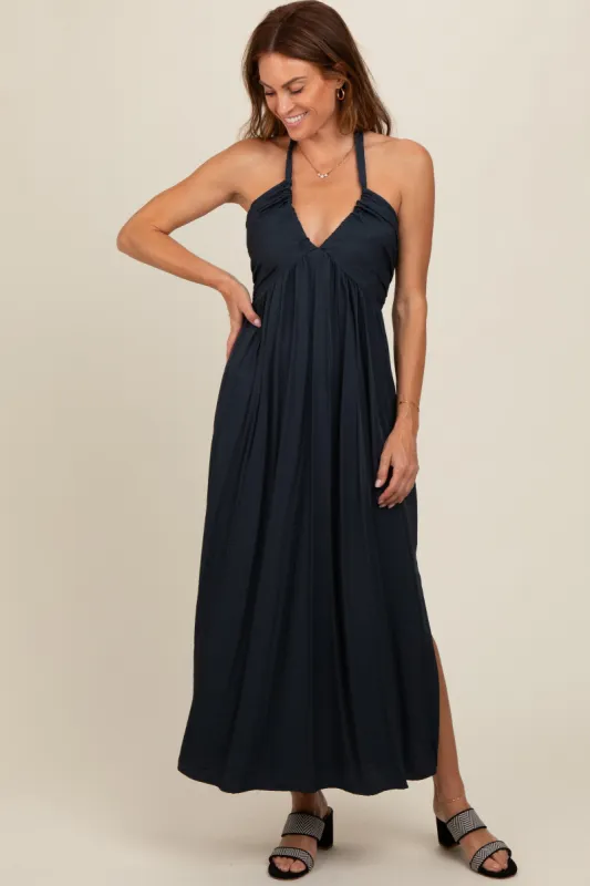 Charcoal Halter Deep V-Neck Maxi Dress sold by Pinkblush