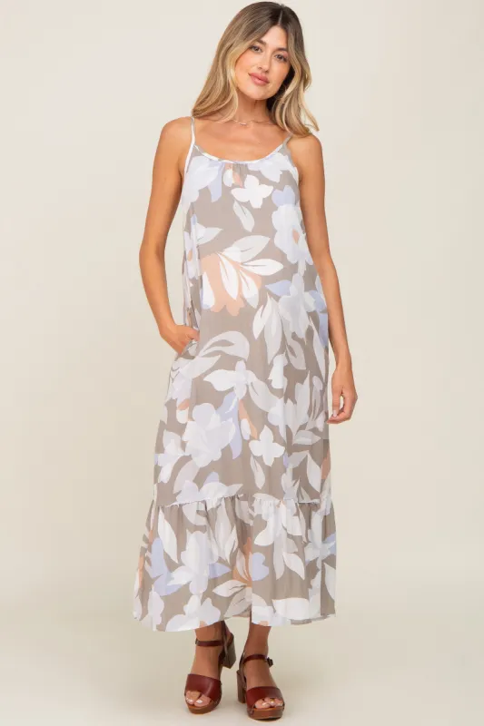 Grey Floral Sleeveless Maternity Maxi Dress sold by Pinkblush
