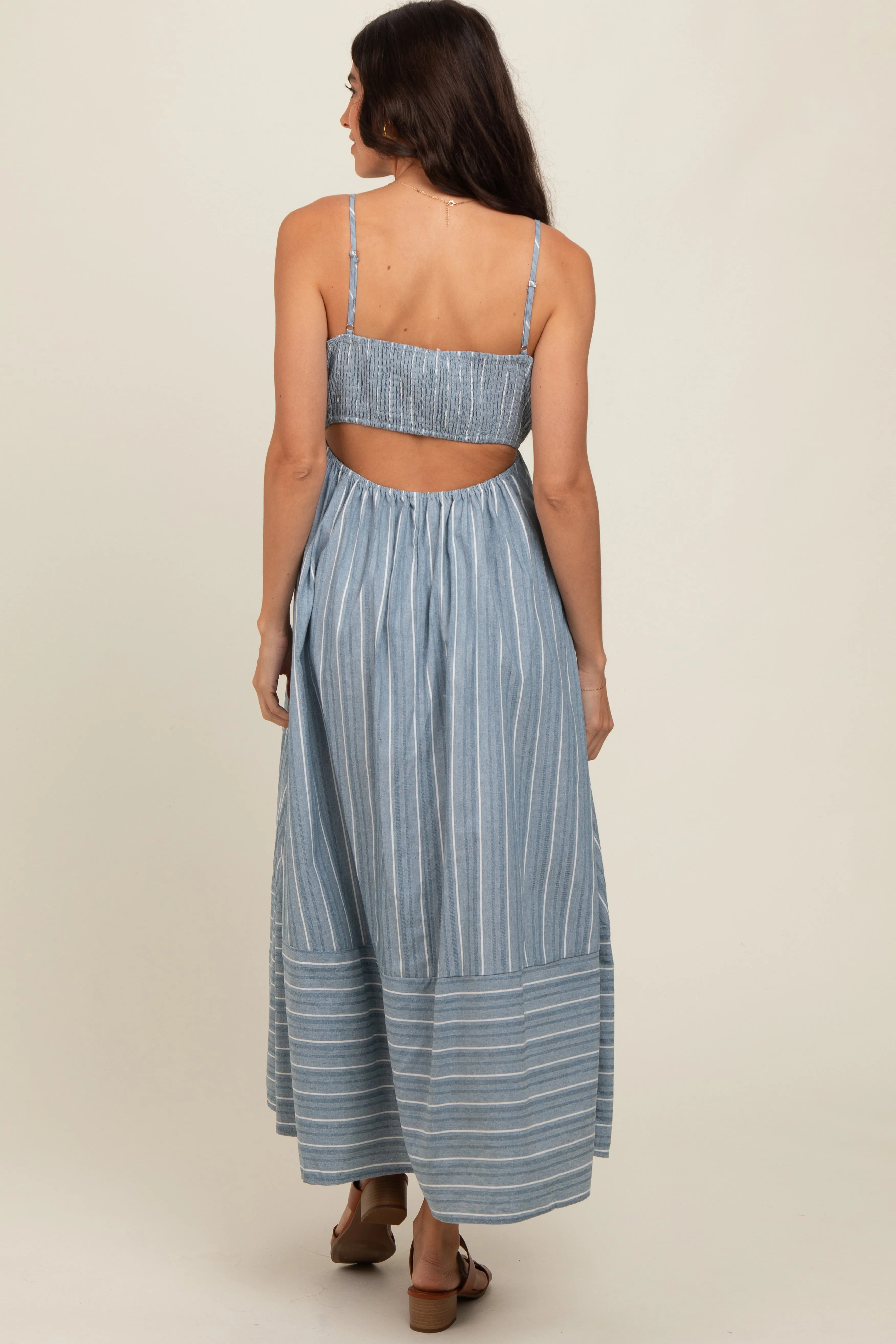 Navy Striped Cutout Back Maxi Dress sold by Pinkblush product image thumbnail 4