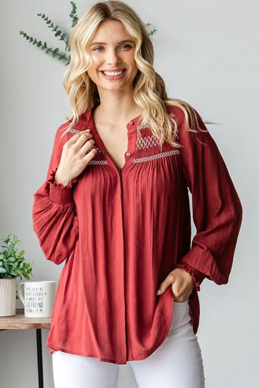 Rust Embroidered Smocked Blouse sold by Pinkblush