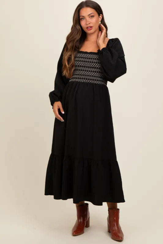 Black Contrast Smocked Balloon Sleeve Maternity Midi Dress sold by Pinkblush