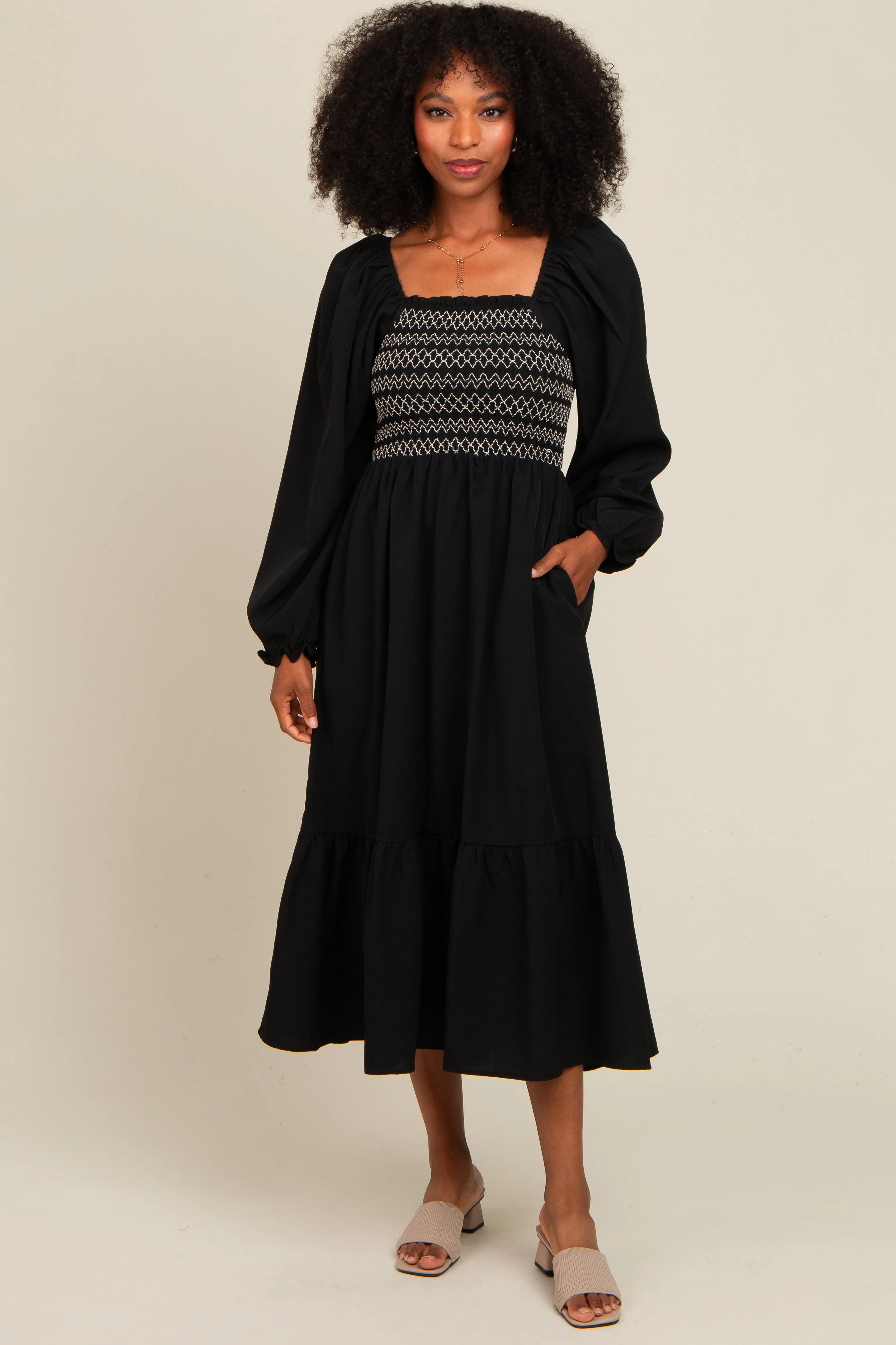 Black Contrast Smocked Balloon Sleeve Midi Dress sold by Pinkblush