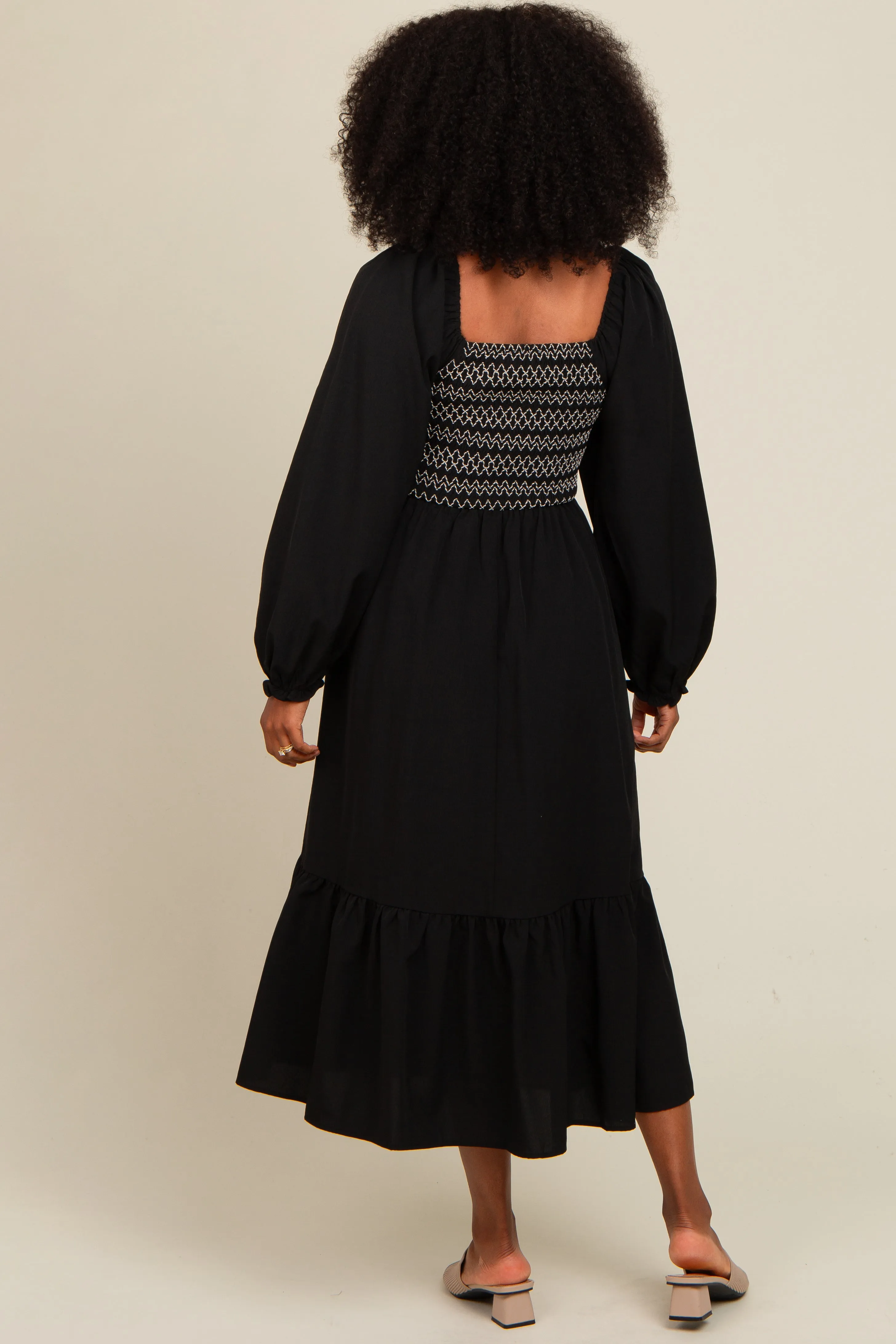 Black Contrast Smocked Balloon Sleeve Midi Dress sold by Pinkblush product image thumbnail 2