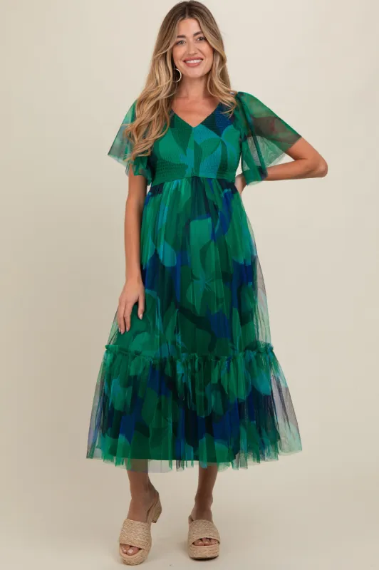 Navy Blue Leaf Print Mesh Smocked Maternity Midi Dress sold by Pinkblush