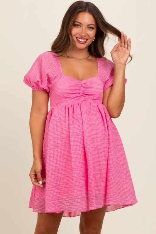 Pink Textured Puff Sleeve Sweetheart Neckline Maternity Dress sold by Pinkblush