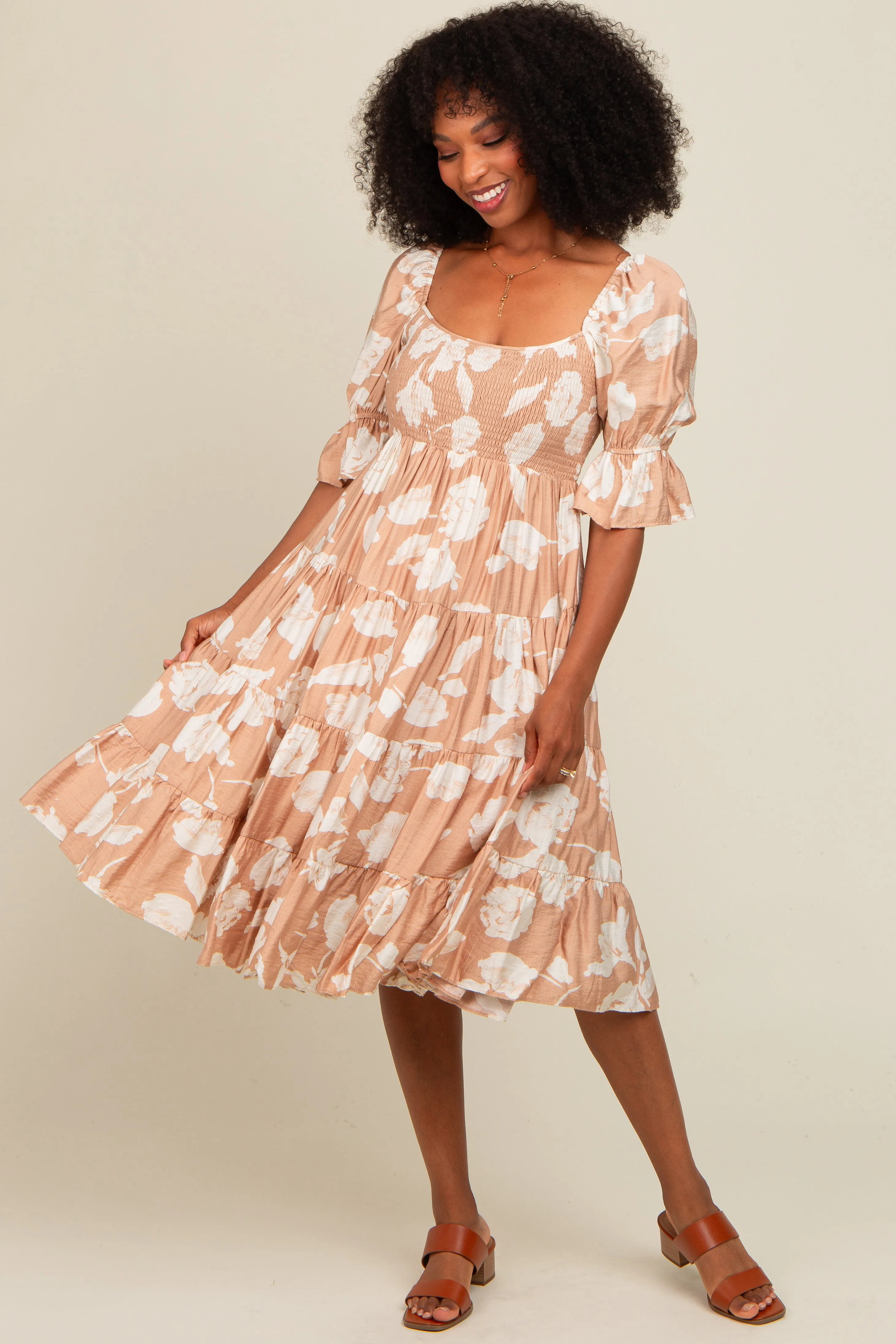 Mocha Rose Print Tiered Smocked Maternity Midi Dress sold by Pinkblush product image thumbnail 3