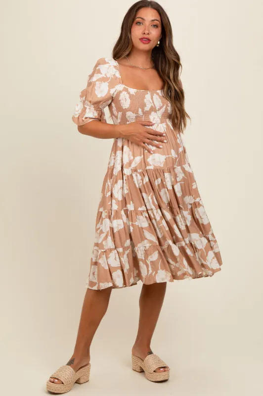 Mocha Rose Print Tiered Smocked Maternity Midi Dress sold by Pinkblush