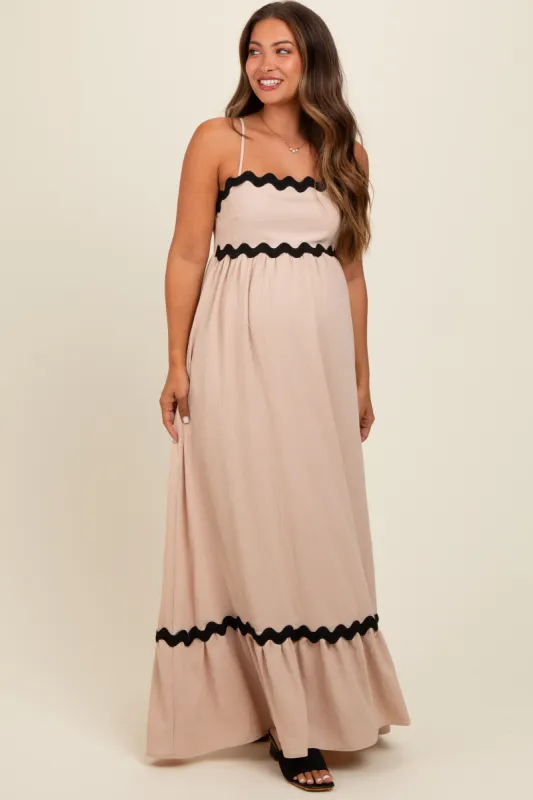 Taupe Sleeveless ZigZag Accent Maternity Maxi Dress sold by Pinkblush