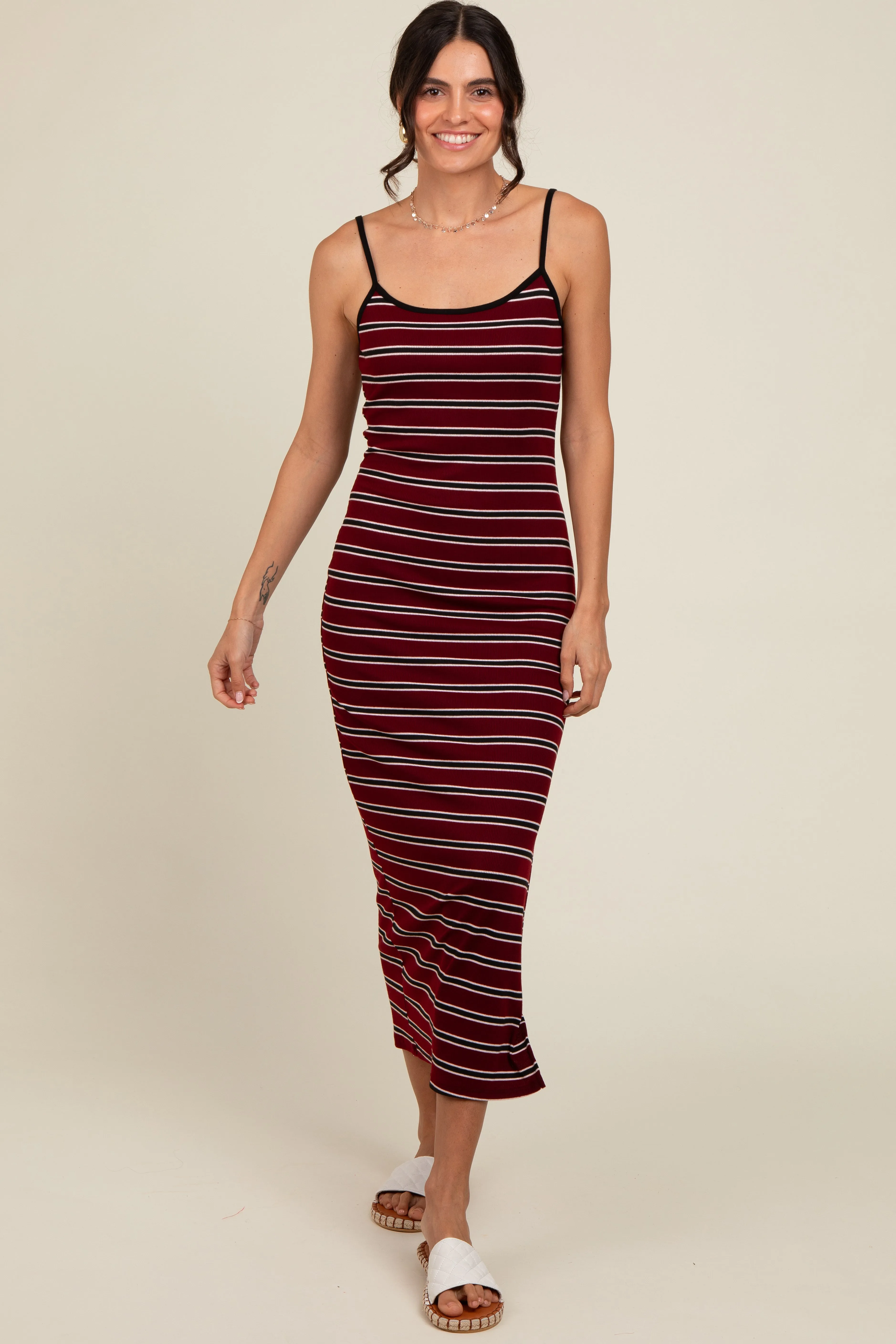 Burgundy Striped Ribbed Side Slit Midi Dress sold by Pinkblush product image thumbnail 2