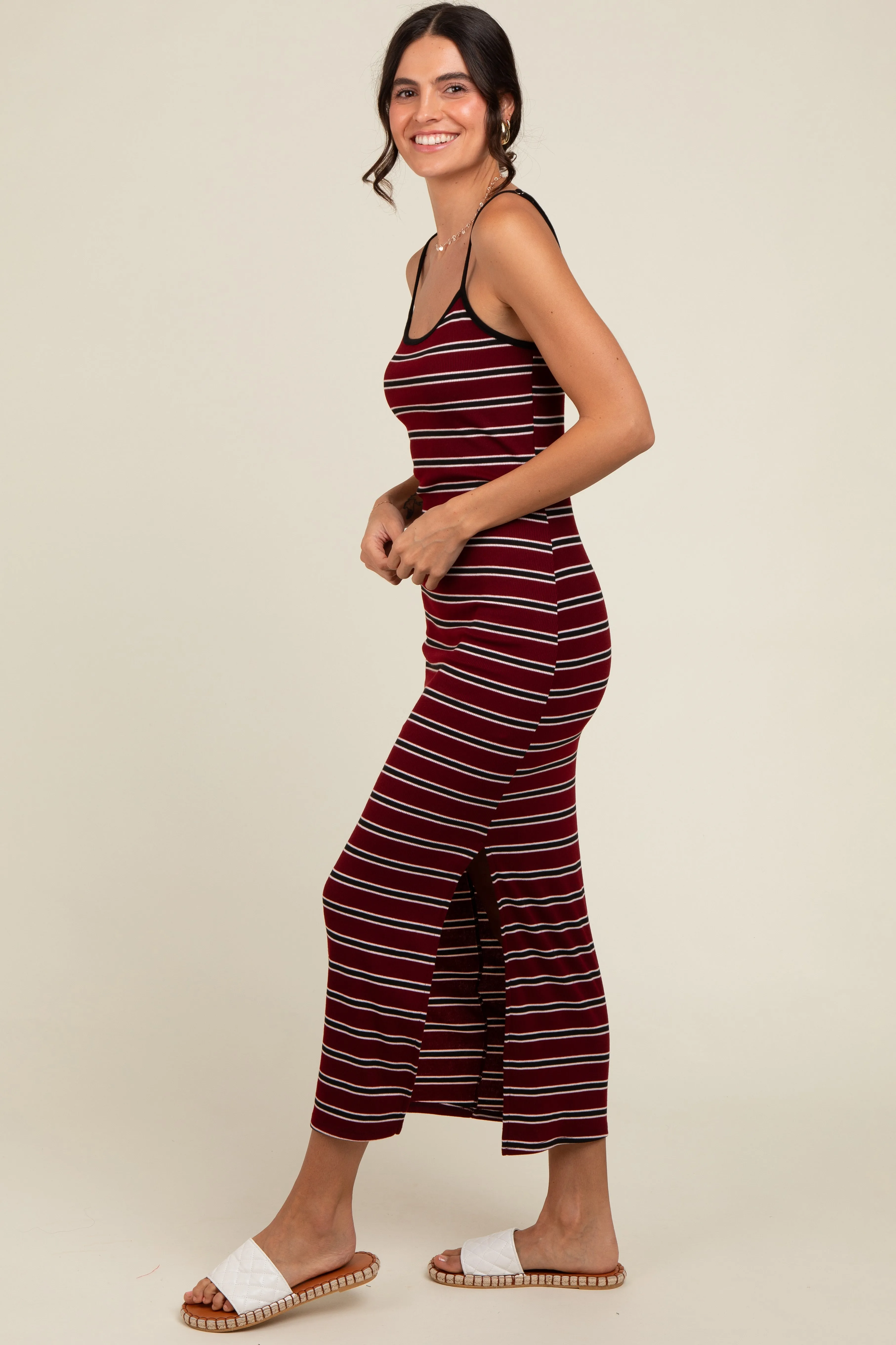 Burgundy Striped Ribbed Side Slit Midi Dress sold by Pinkblush product image thumbnail 3