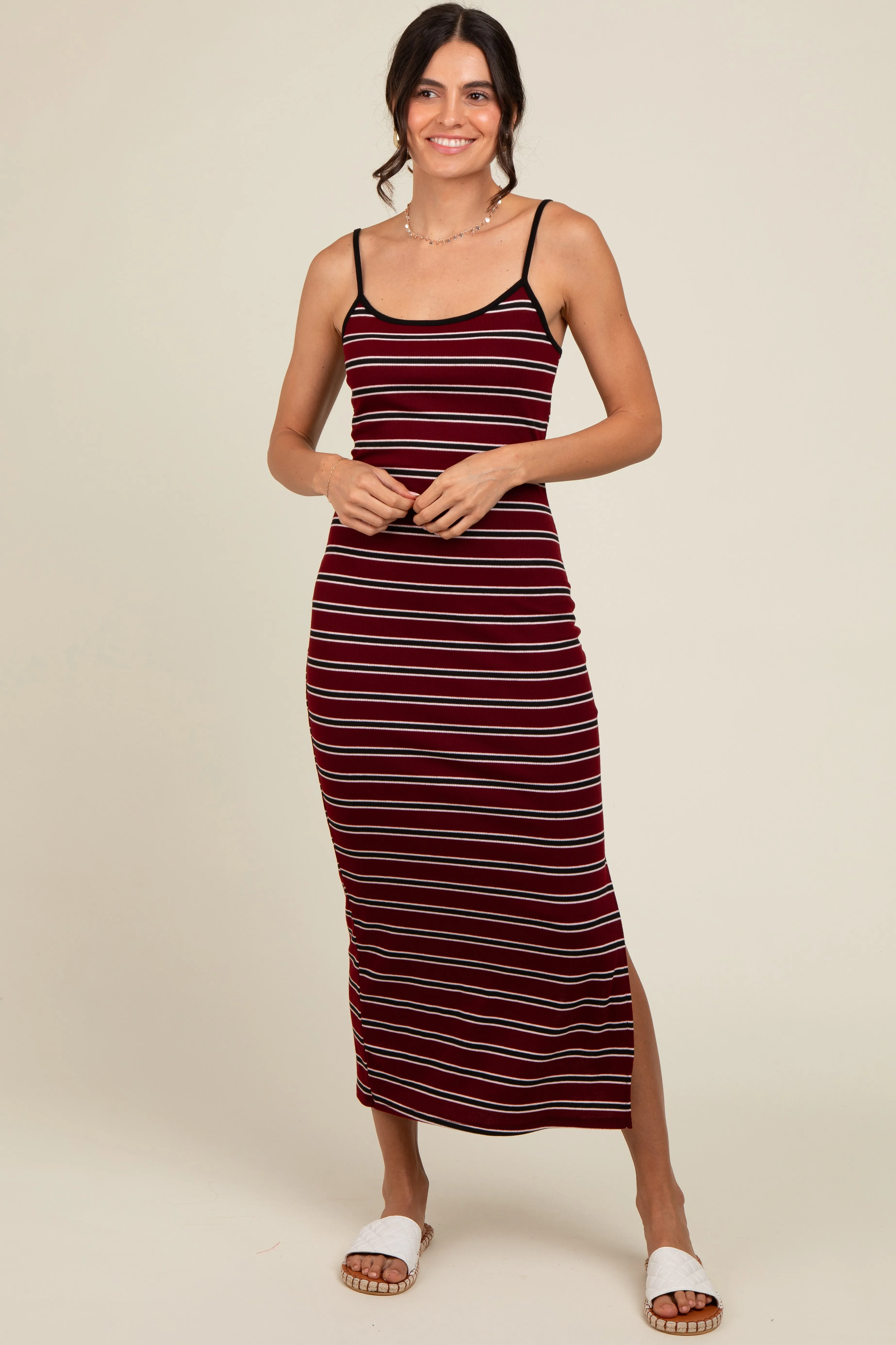 Burgundy Striped Ribbed Side Slit Midi Dress sold by Pinkblush