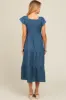 Blue Textured Sweetheart Neck Short Puff Sleeve Tiered Midi Dress sold by Pinkblush