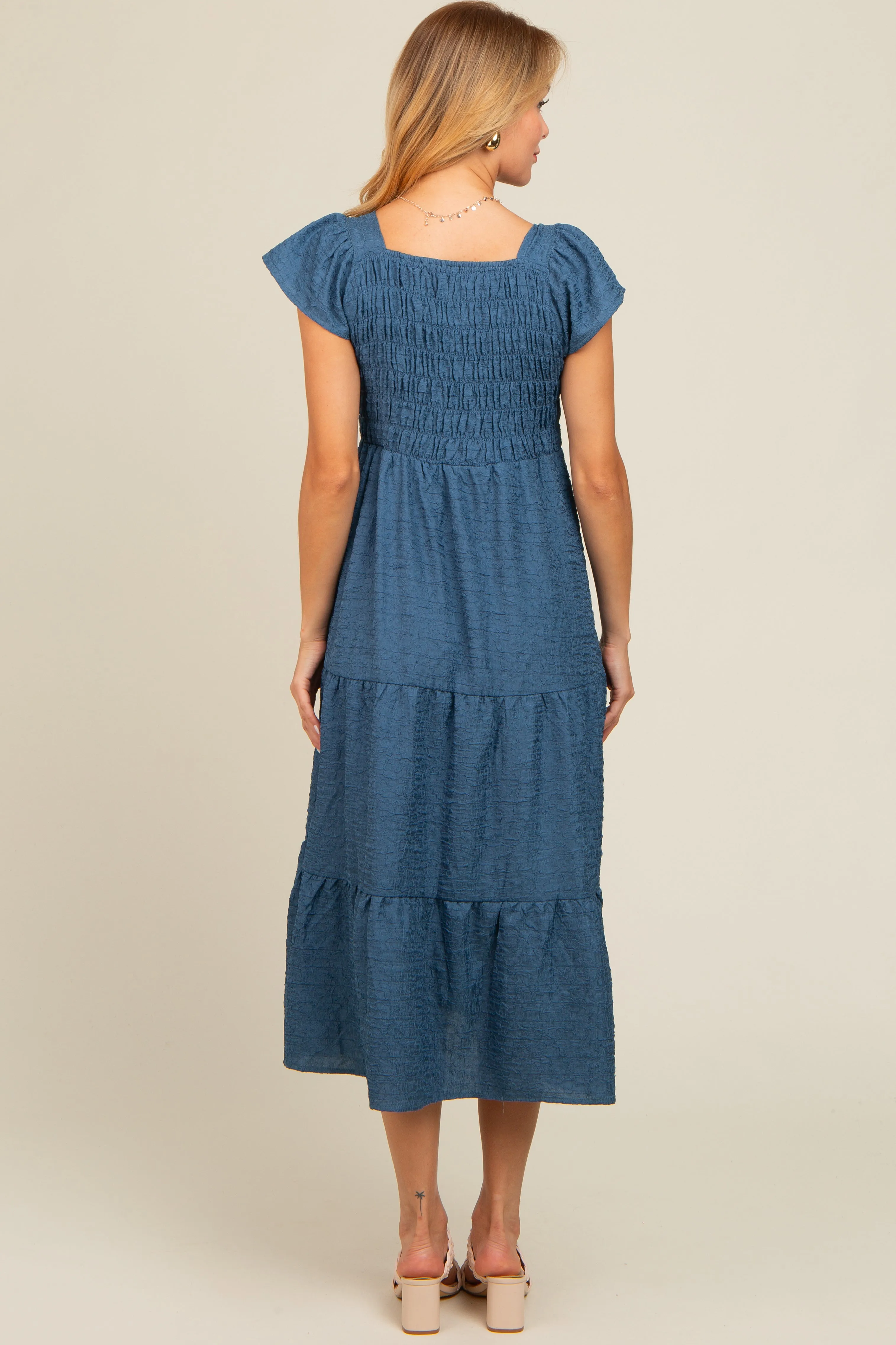 Blue Textured Sweetheart Neck Short Puff Sleeve Tiered Midi Dress sold by Pinkblush product image thumbnail 3