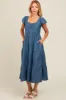 Blue Textured Sweetheart Neck Short Puff Sleeve Tiered Midi Dress sold by Pinkblush