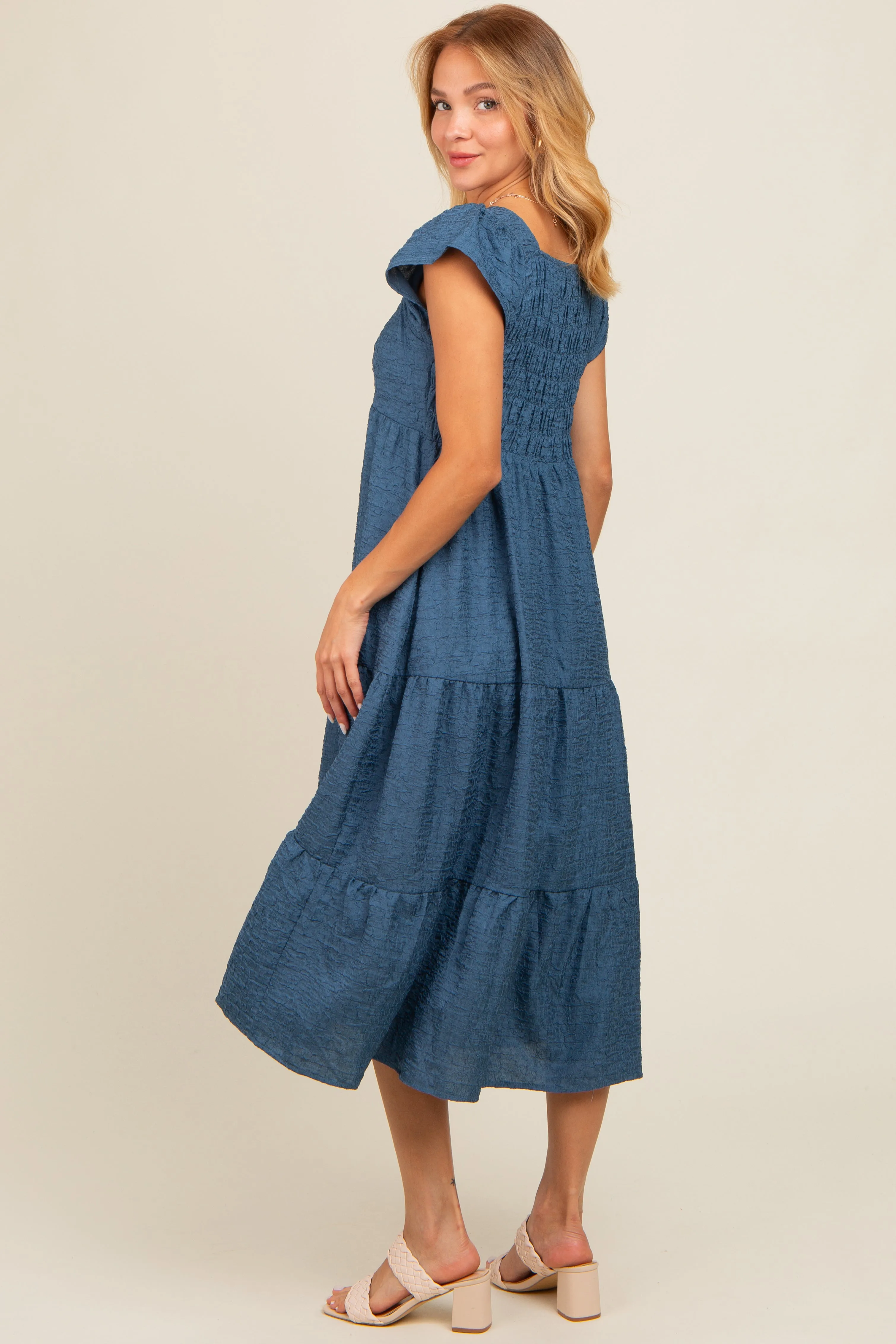 Blue Textured Sweetheart Neck Short Puff Sleeve Tiered Midi Dress sold by Pinkblush product image thumbnail 2