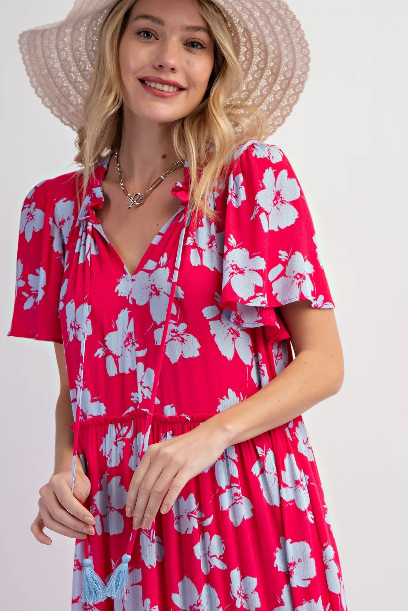 Coral Floral Ruffle Neck Tiered Maxi Dress sold by Pinkblush