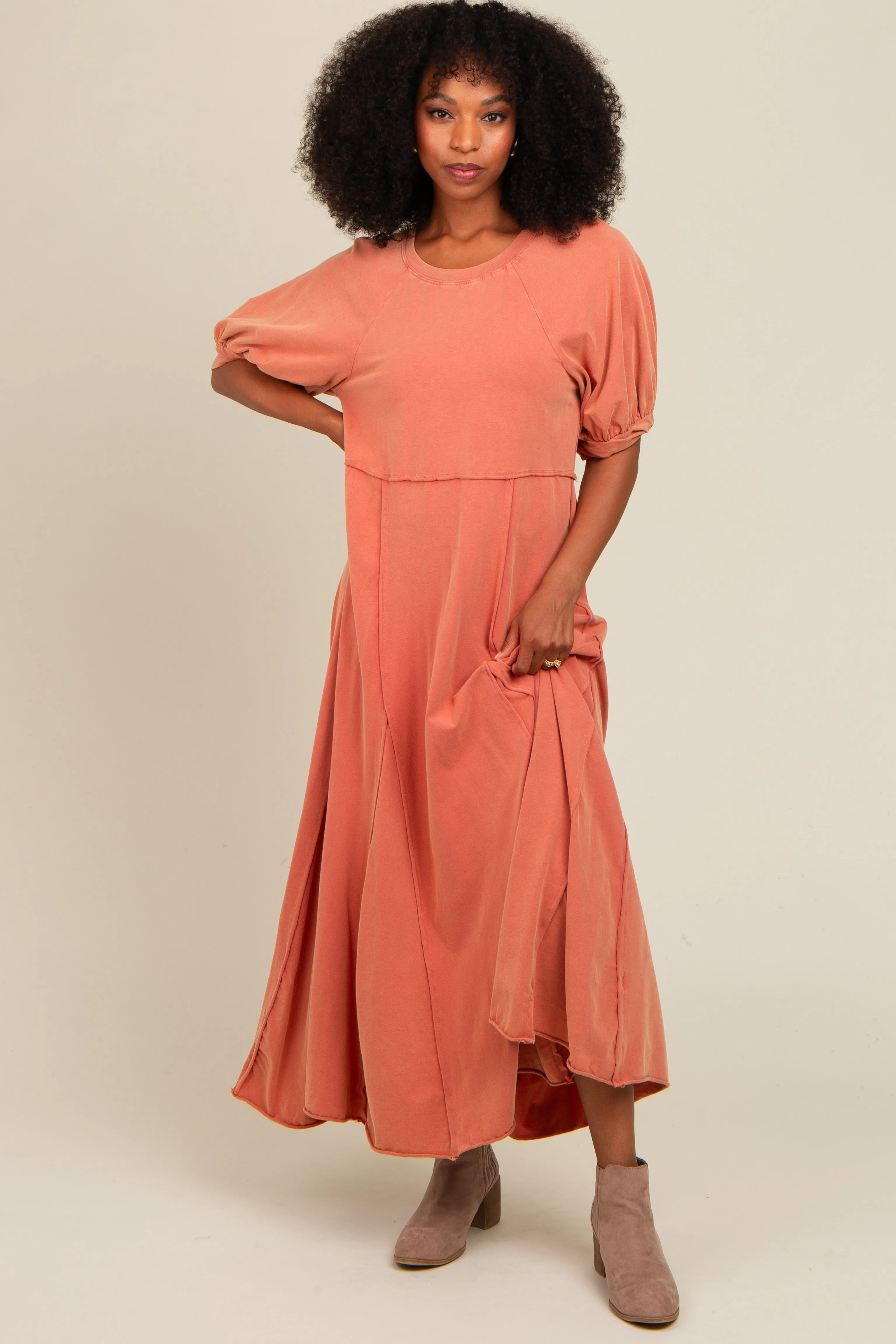 Rust Vintage Wash Puff Sleeve Maternity Maxi Dress sold by Pinkblush product image thumbnail 4