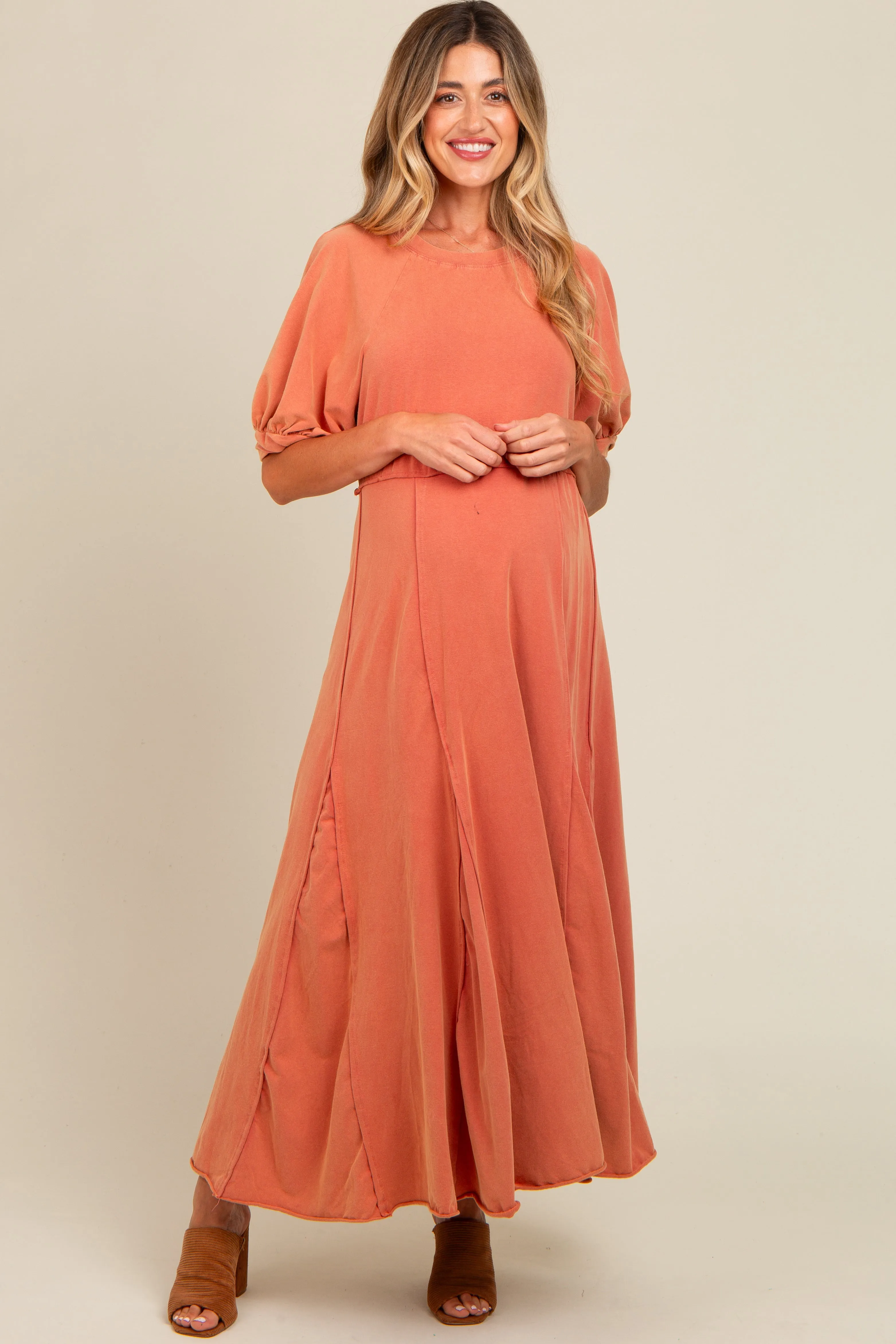 Rust Vintage Wash Puff Sleeve Maternity Maxi Dress sold by Pinkblush