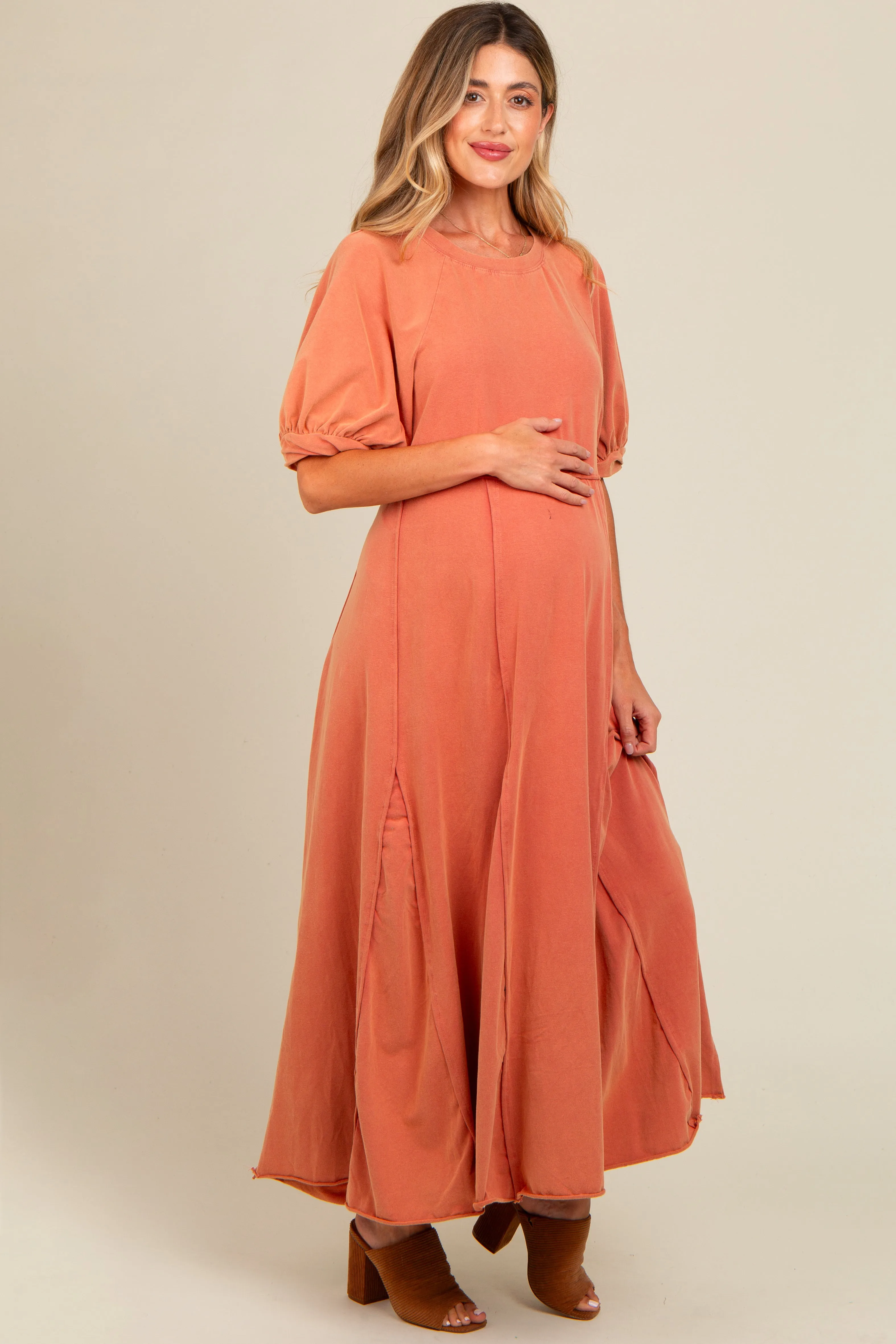 Rust Vintage Wash Puff Sleeve Maternity Maxi Dress sold by Pinkblush product image thumbnail 2