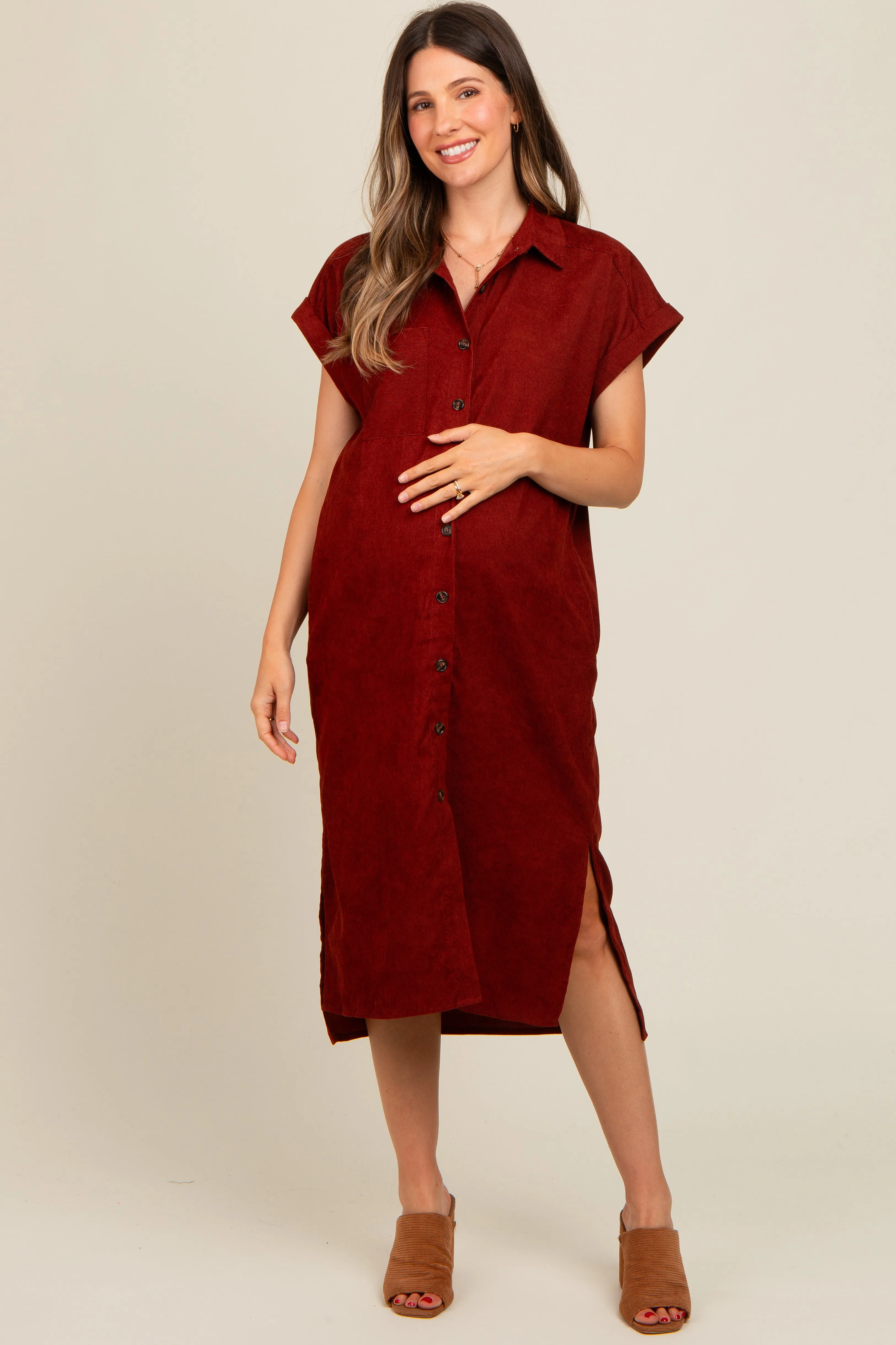 Rust Corduroy Button Down Maternity Midi Dress sold by Pinkblush