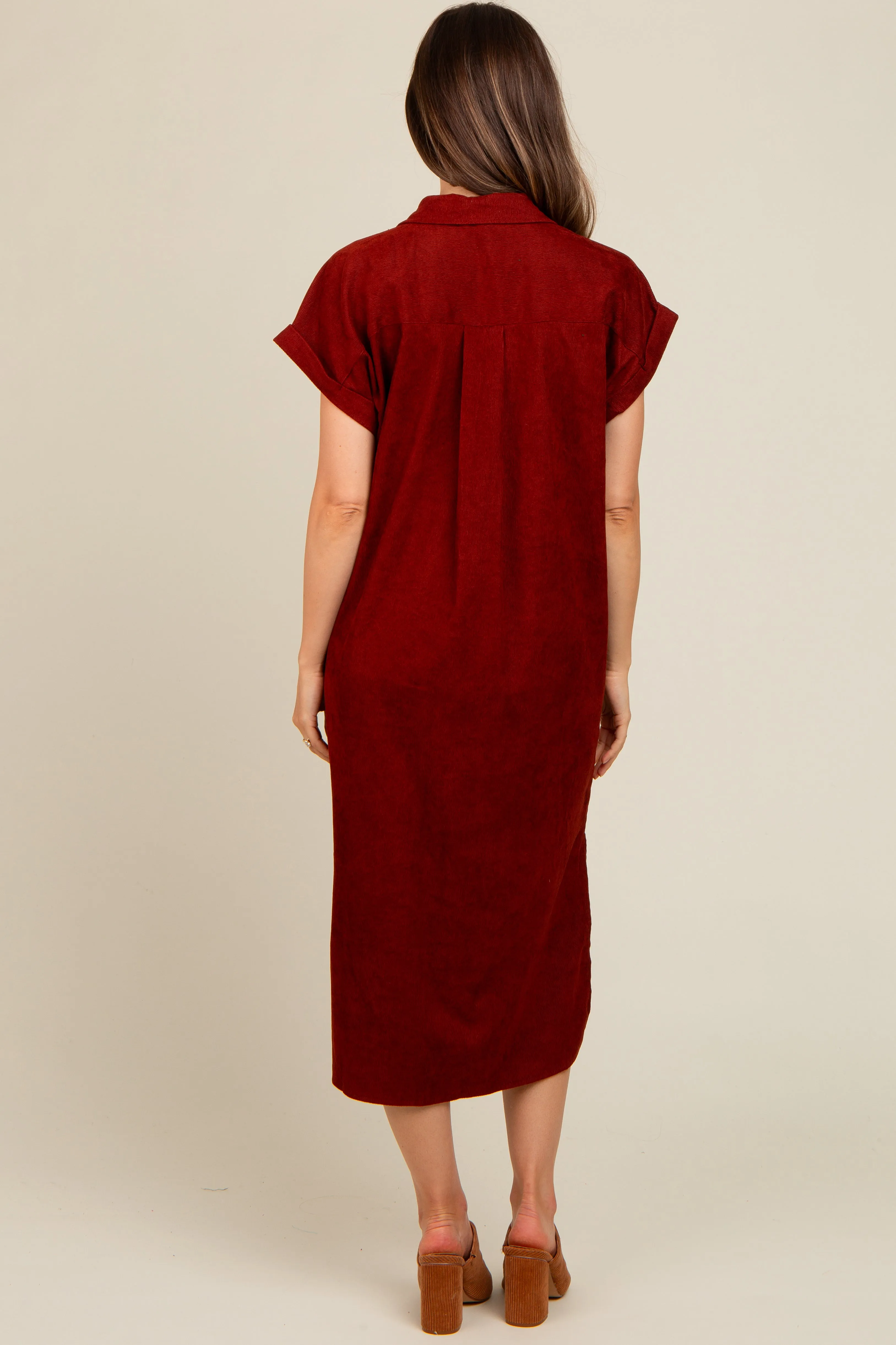 Rust Corduroy Button Down Maternity Midi Dress sold by Pinkblush product image thumbnail 2