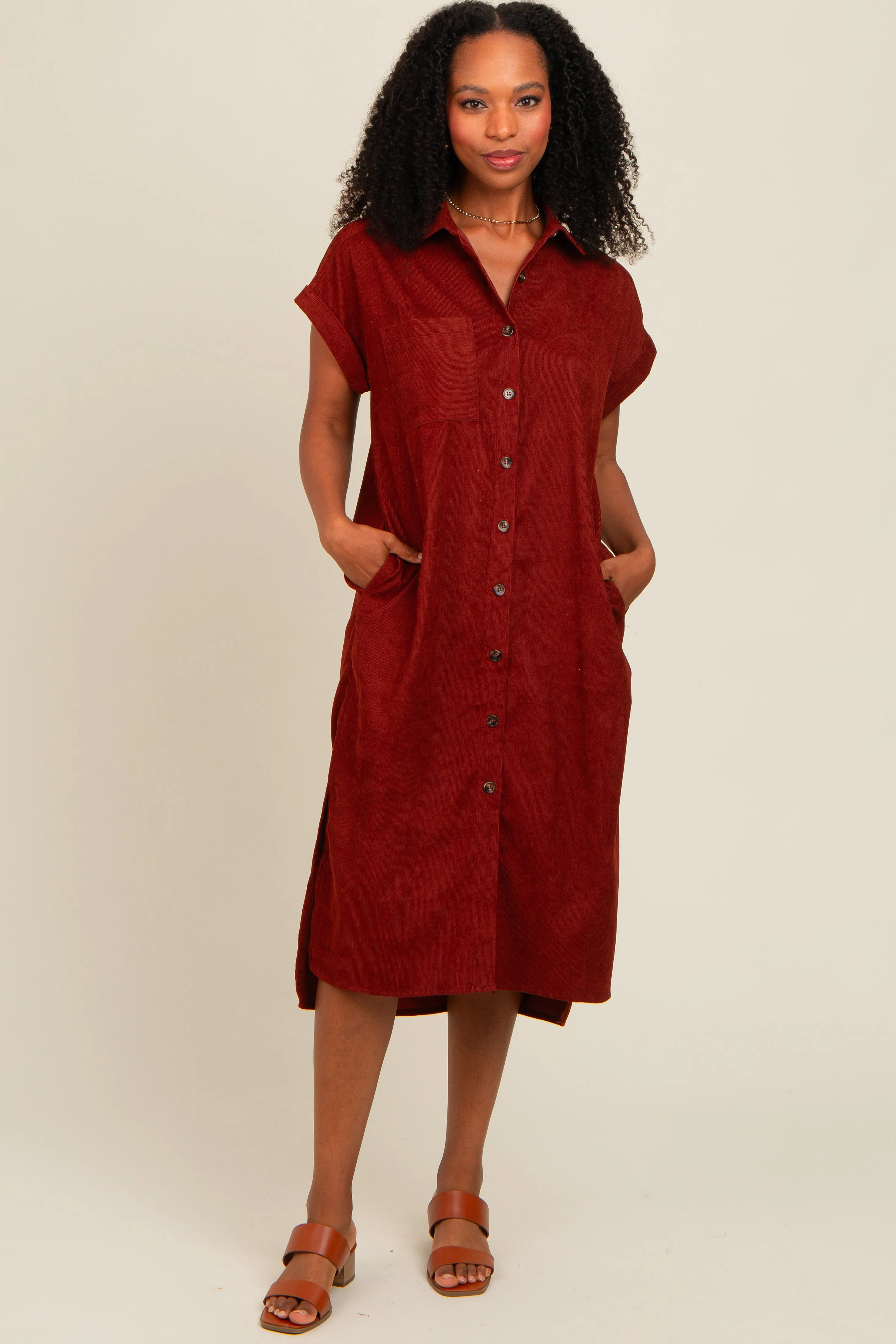 Rust Corduroy Button Down Maternity Midi Dress sold by Pinkblush product image thumbnail 3