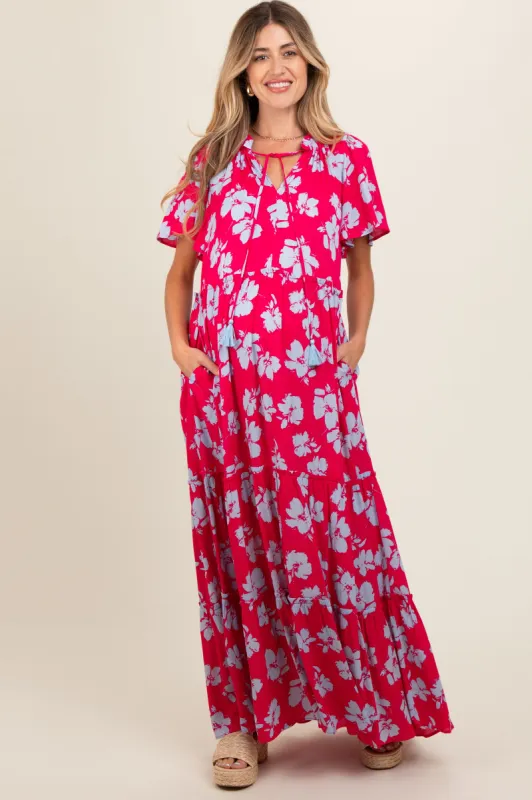 Coral Floral Ruffle Neck Tiered Maternity Maxi Dress sold by Pinkblush