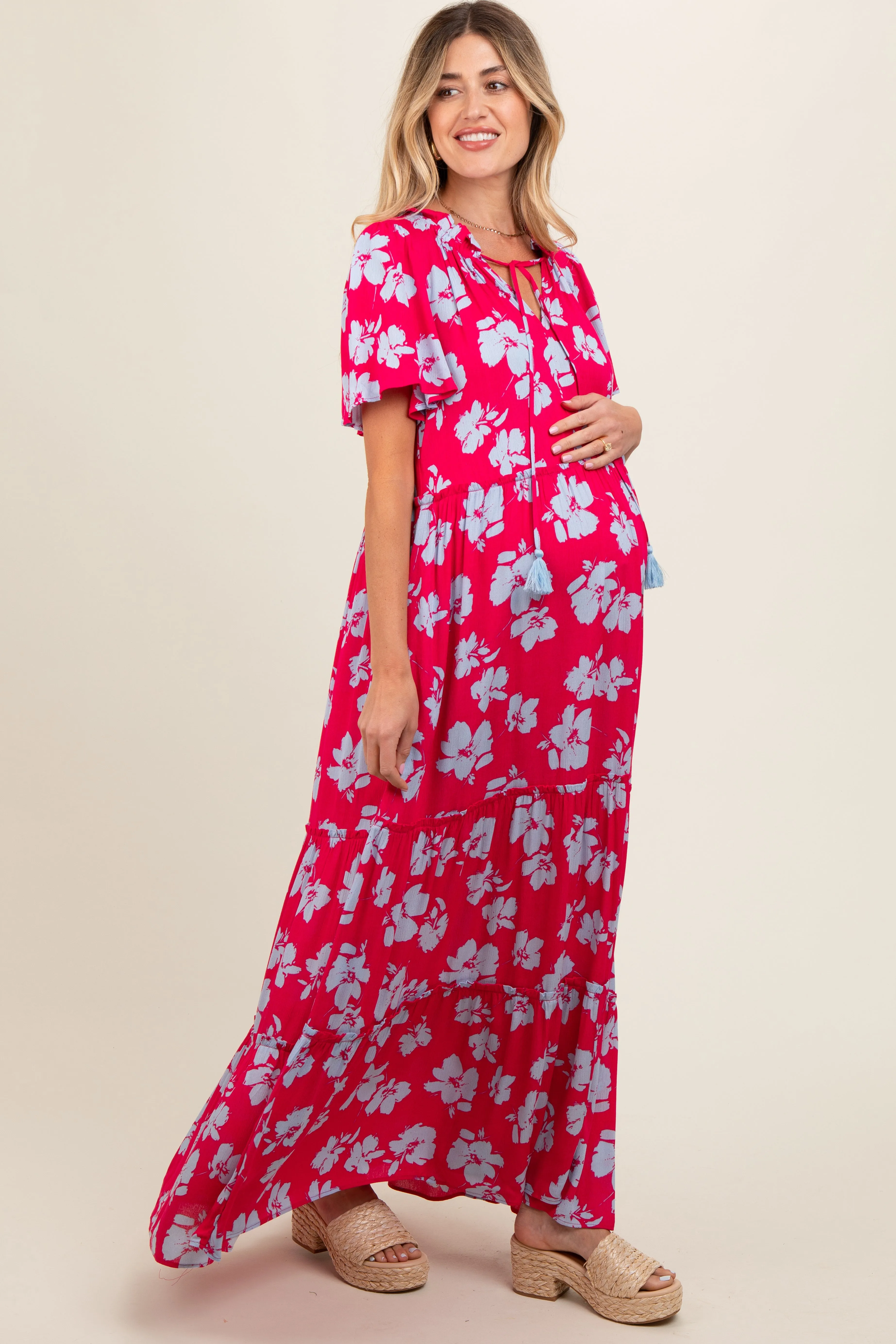 Coral Floral Ruffle Neck Tiered Maternity Maxi Dress sold by Pinkblush product image thumbnail 3