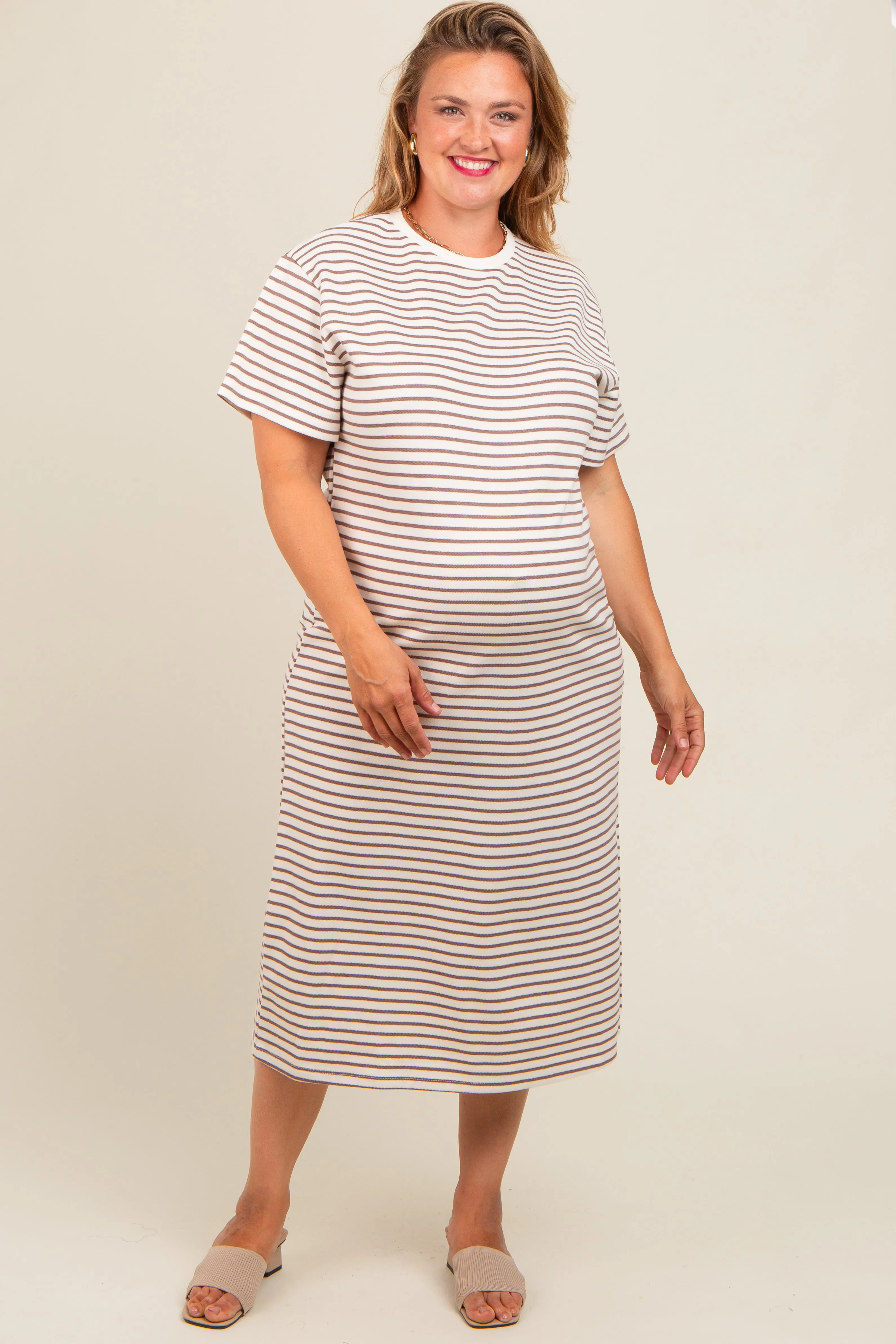 Cream Striped Short Sleeve Maternity Plus T-Shirt Midi Dress sold by Pinkblush
