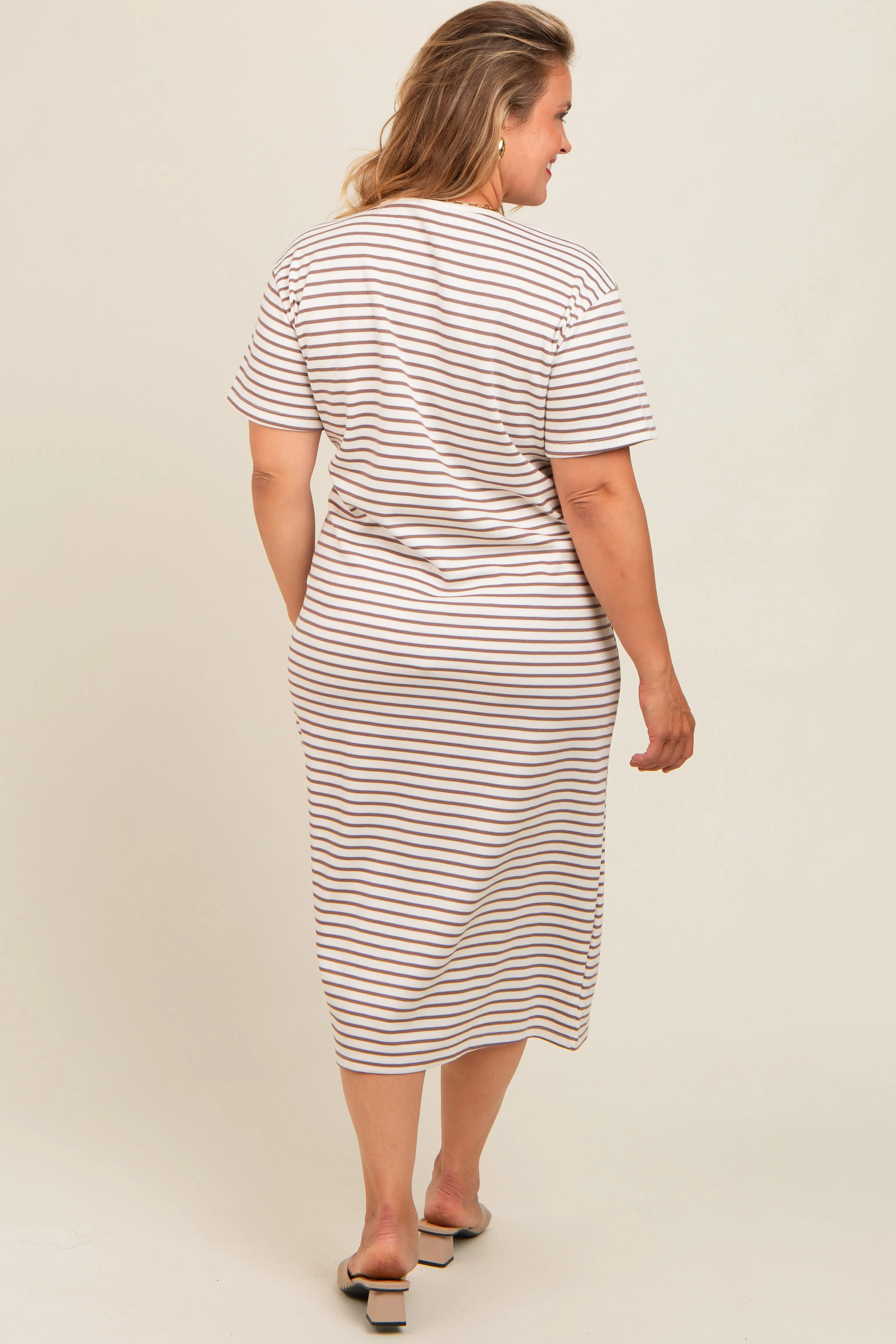 Cream Striped Short Sleeve Maternity Plus T-Shirt Midi Dress sold by Pinkblush product image thumbnail 2