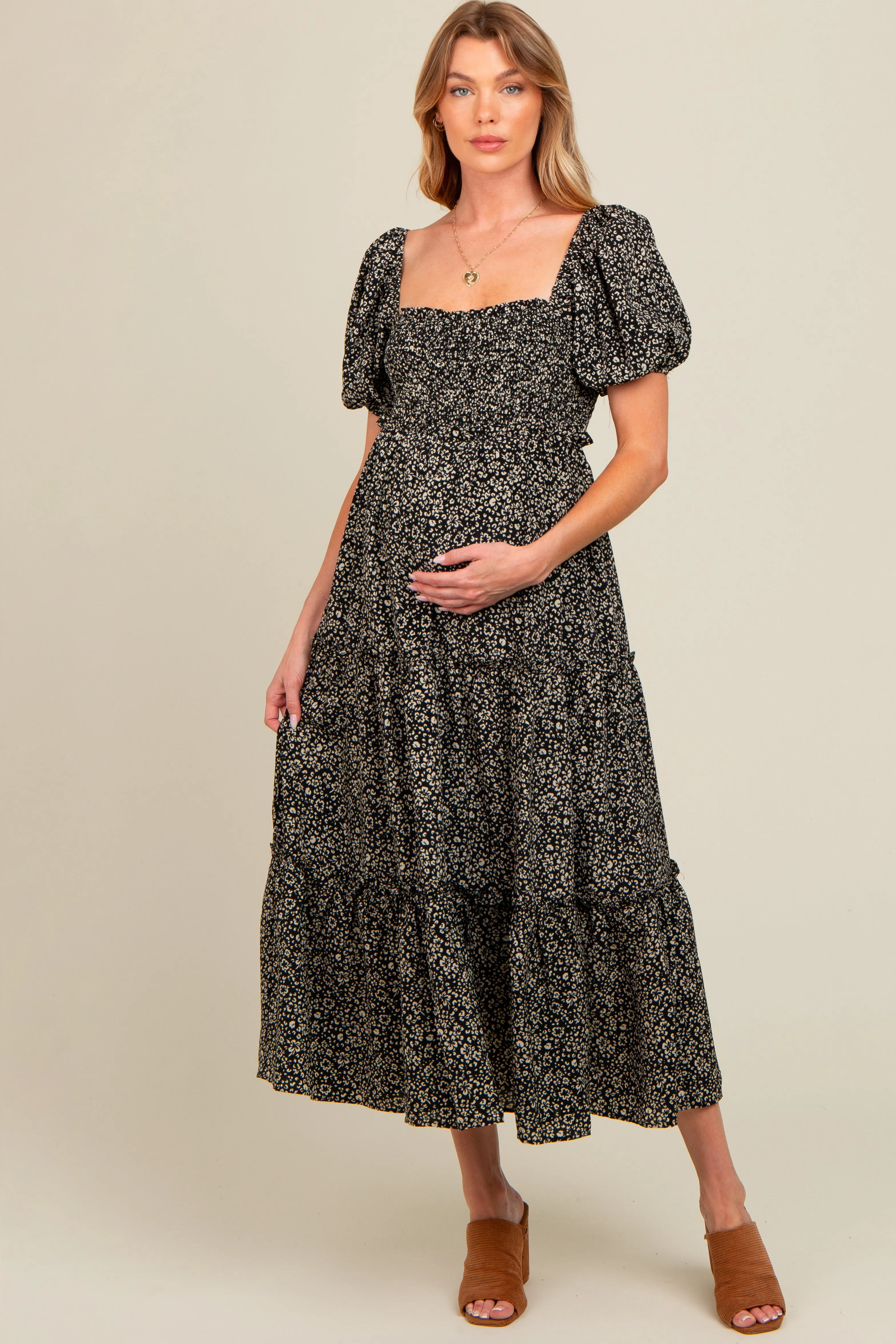 Black Floral Leopard Print Maternity Midi Dress sold by Pinkblush product image thumbnail 2