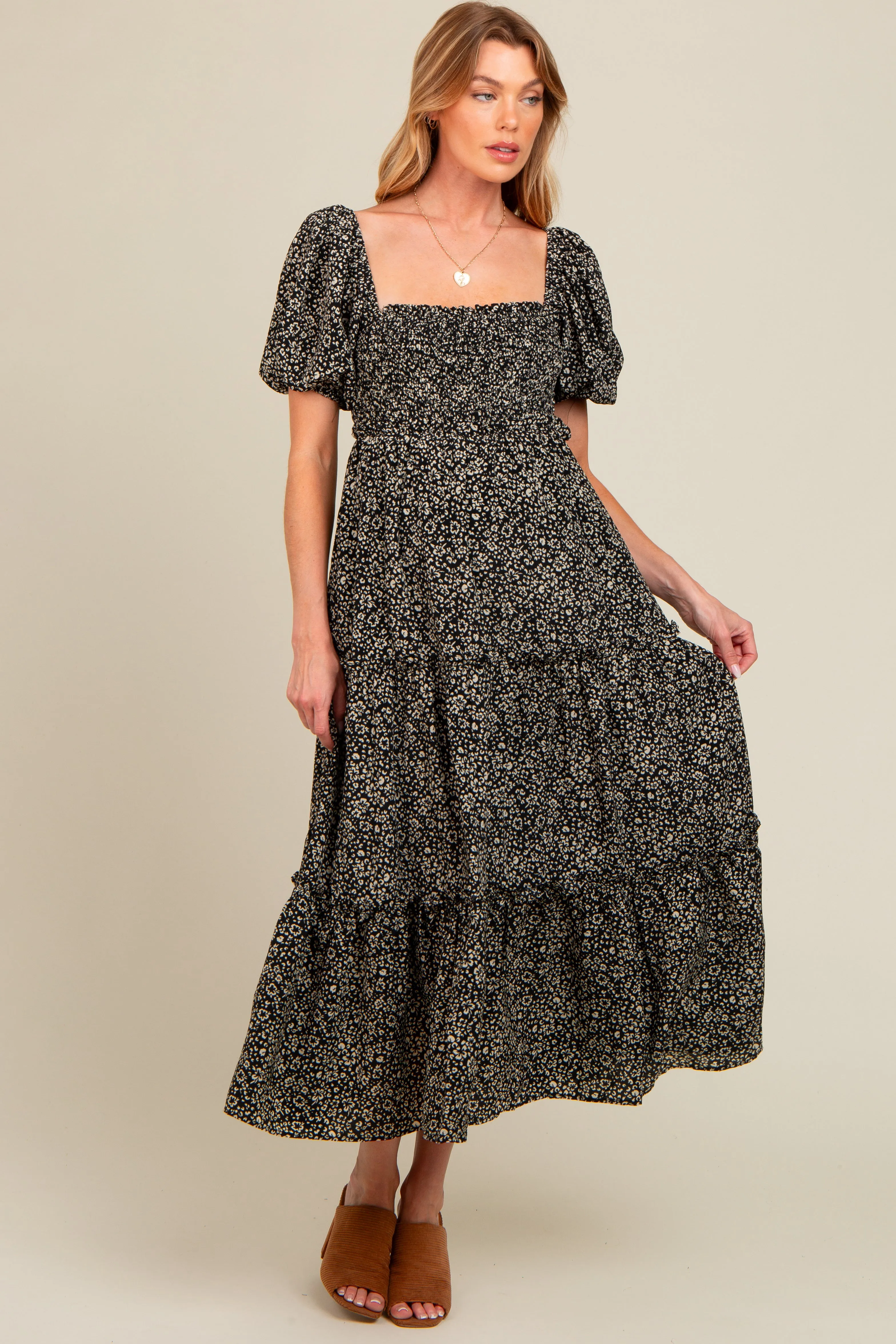 Black Floral Leopard Print Maternity Midi Dress sold by Pinkblush product image thumbnail 3