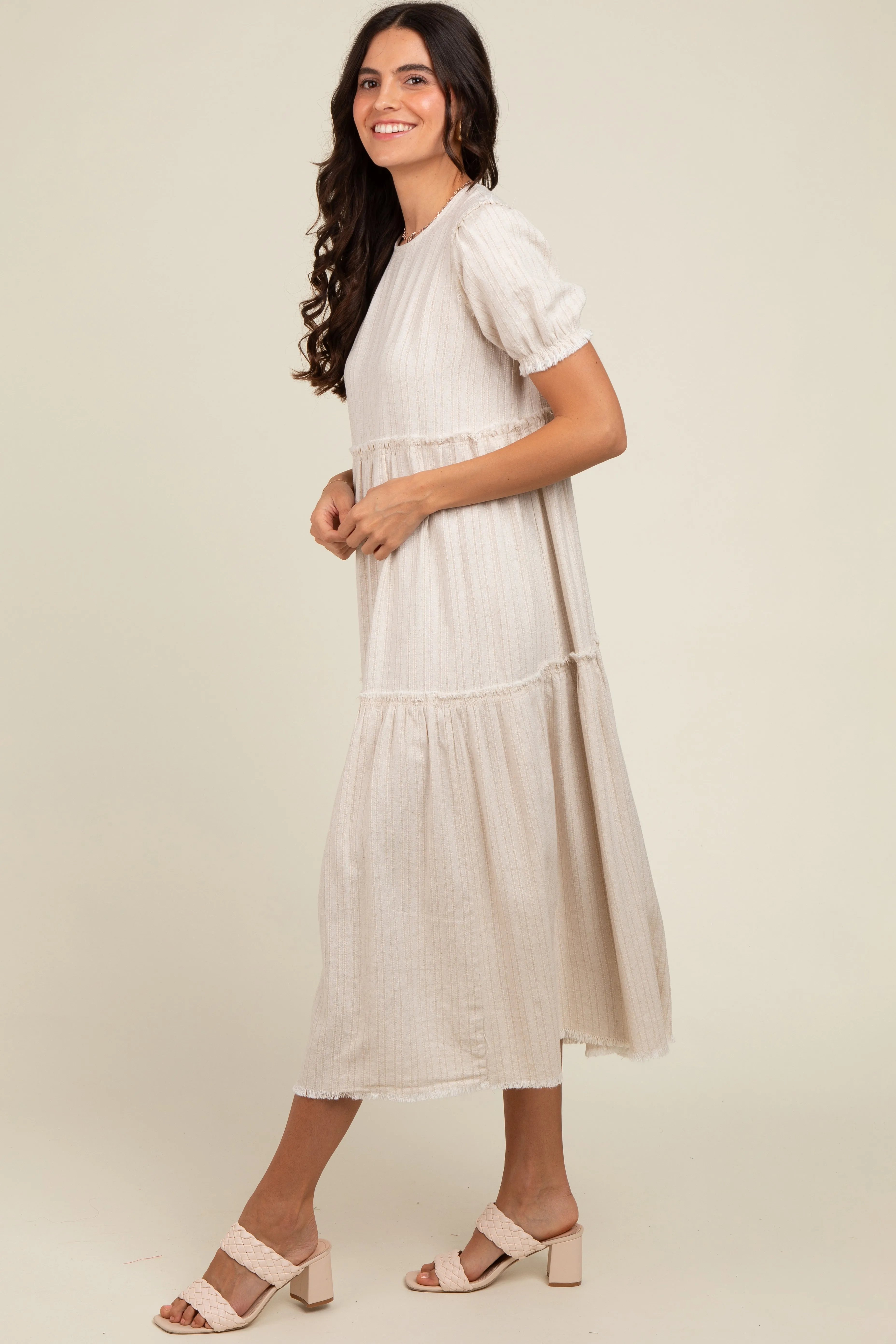 Beige Striped Fringe Accent Tiered Maxi Dress sold by Pinkblush product image thumbnail 3