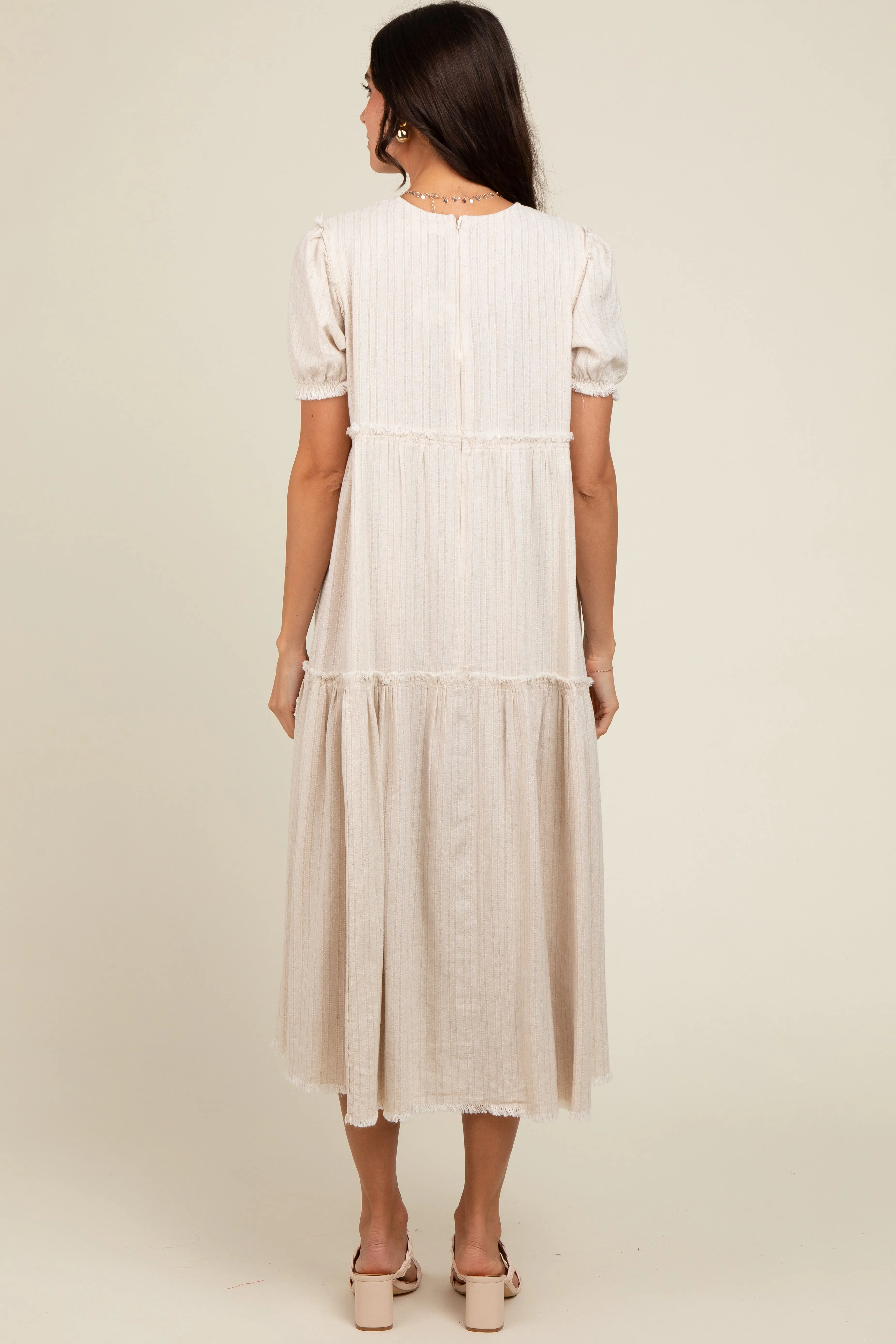 Beige Striped Fringe Accent Tiered Maxi Dress sold by Pinkblush product image thumbnail 4