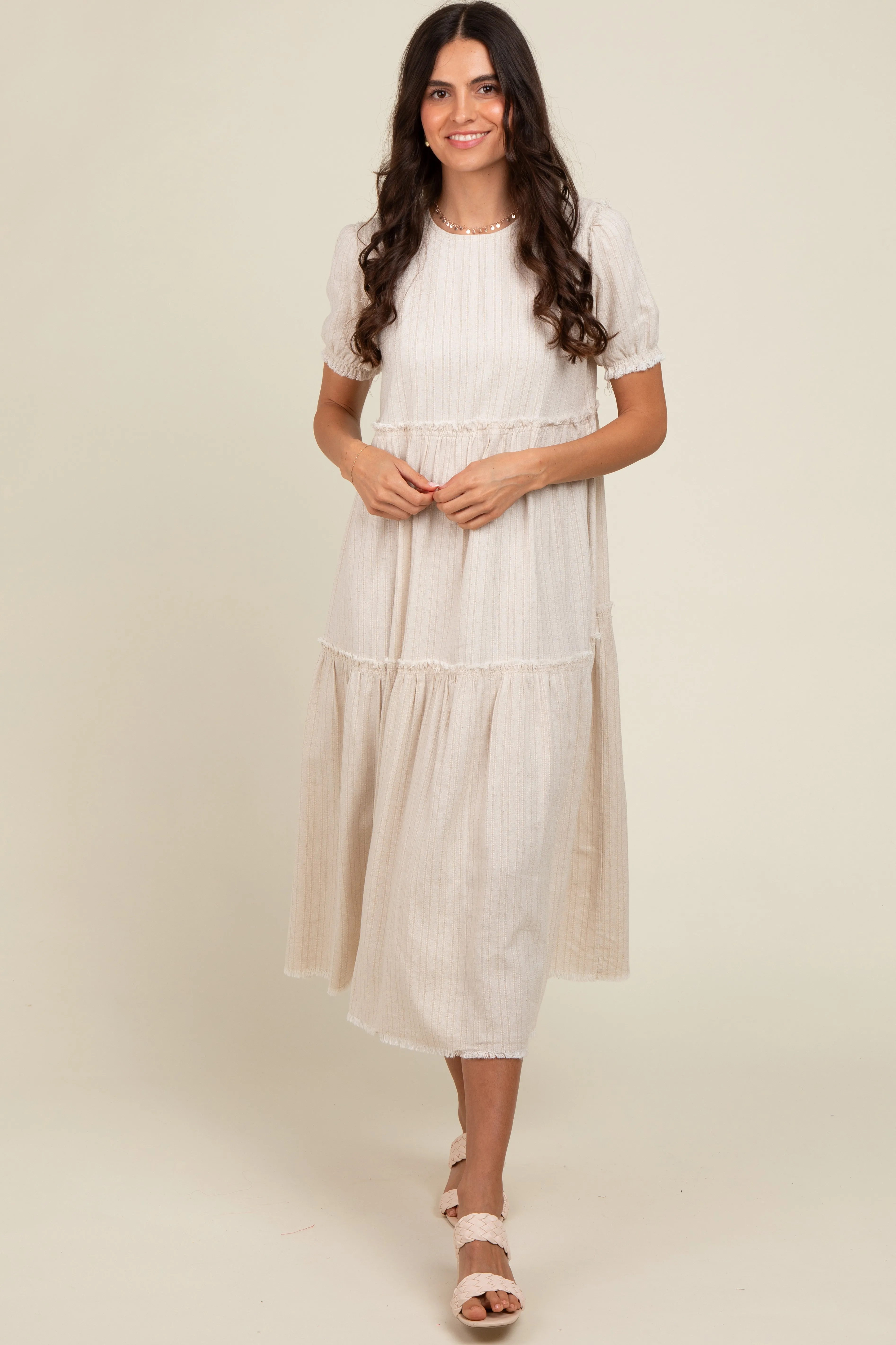 Beige Striped Fringe Accent Tiered Maxi Dress sold by Pinkblush product image thumbnail 2