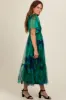 Navy Blue Leaf Print Mesh Smocked Midi Dress sold by Pinkblush