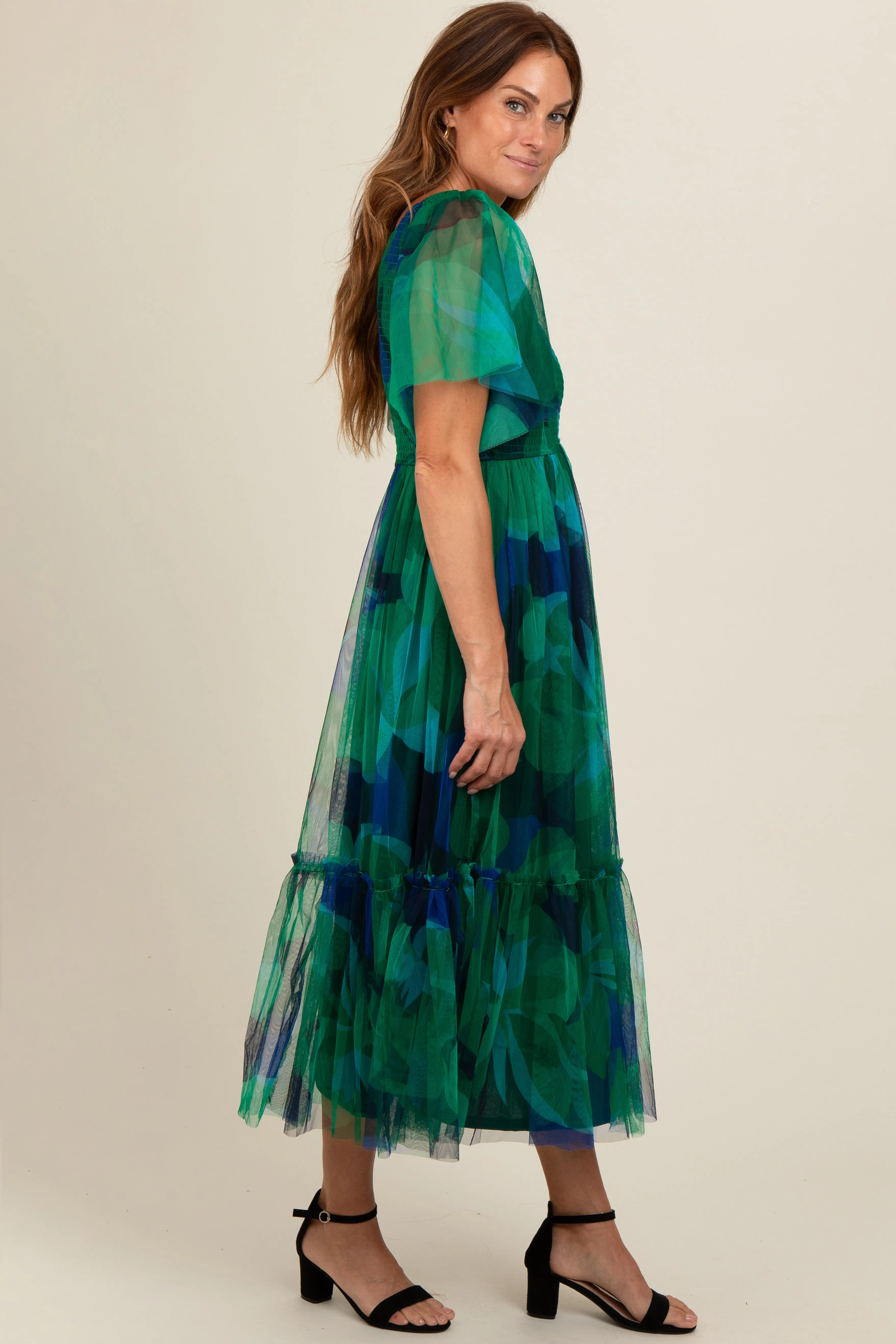 Navy Blue Leaf Print Mesh Smocked Midi Dress sold by Pinkblush product image thumbnail 2