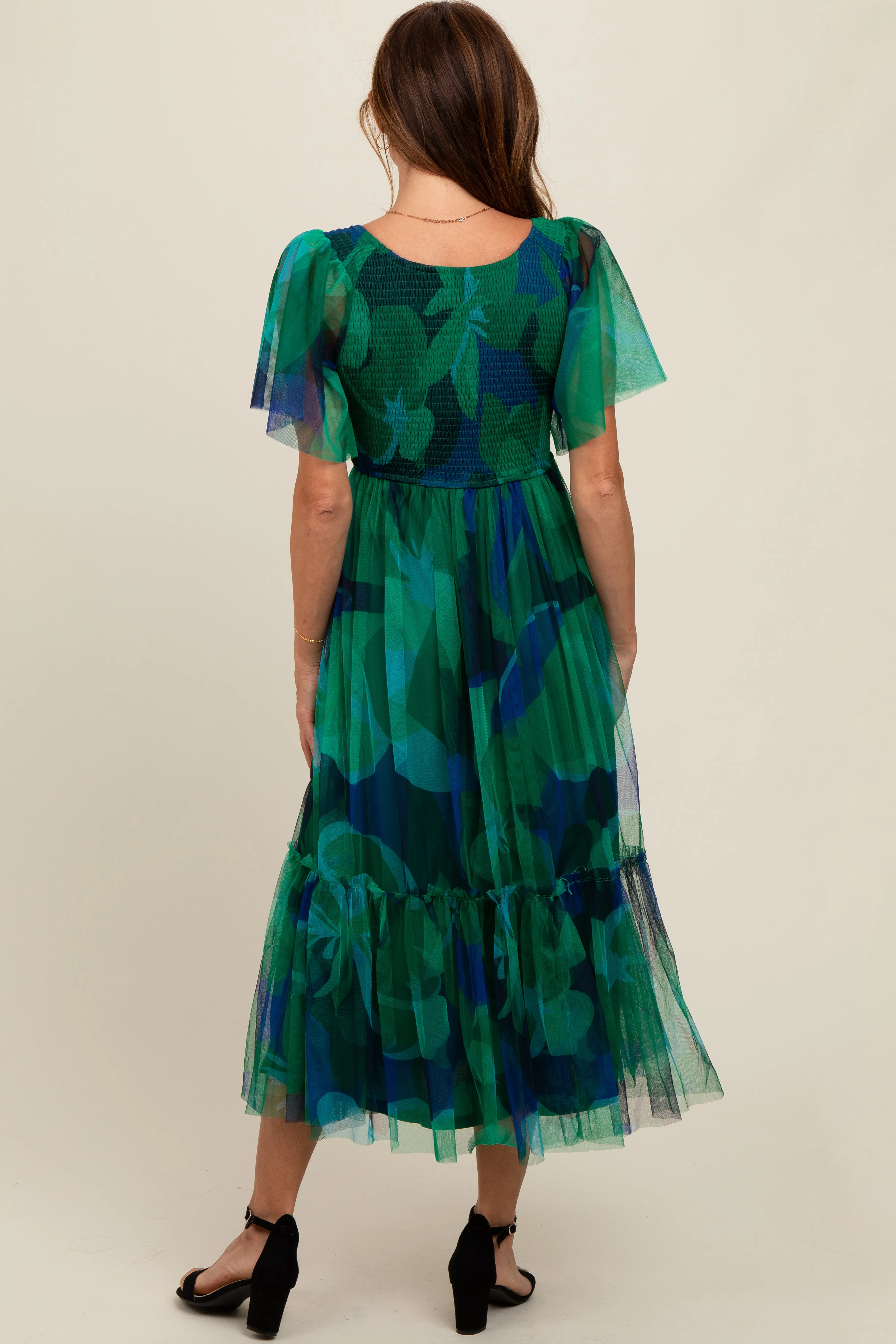 Navy Blue Leaf Print Mesh Smocked Midi Dress sold by Pinkblush product image thumbnail 3