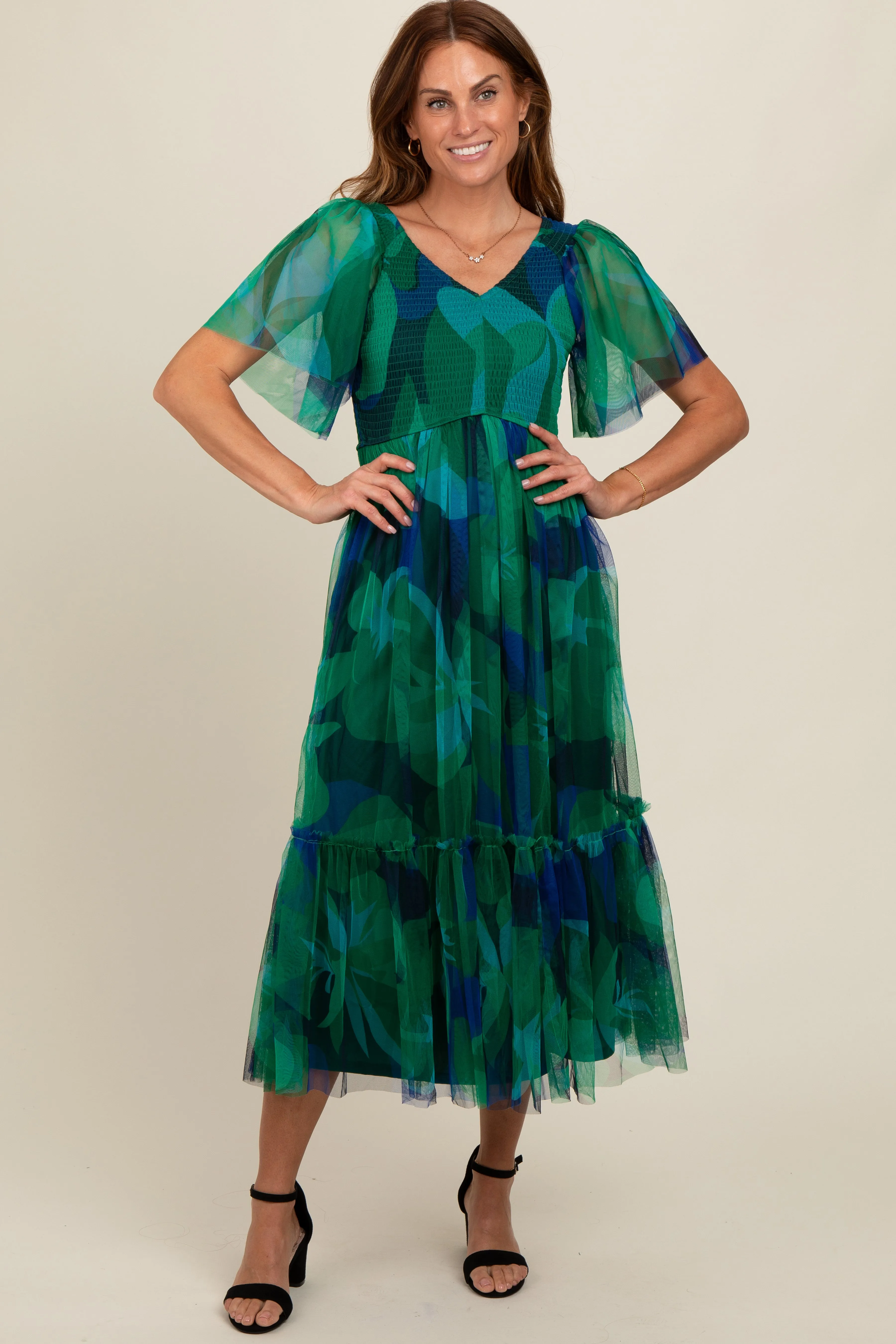 Navy Blue Leaf Print Mesh Smocked Midi Dress sold by Pinkblush