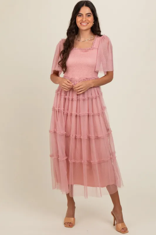 Pink Ruffled Mesh Maxi Dress sold by Pinkblush
