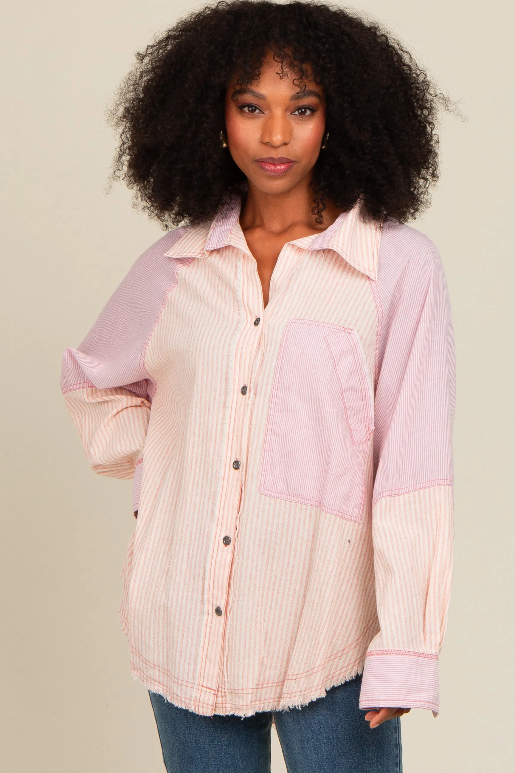 Mauve Striped Button Down Oversized Long Sleeve Maternity Top sold by Pinkblush product image thumbnail 5