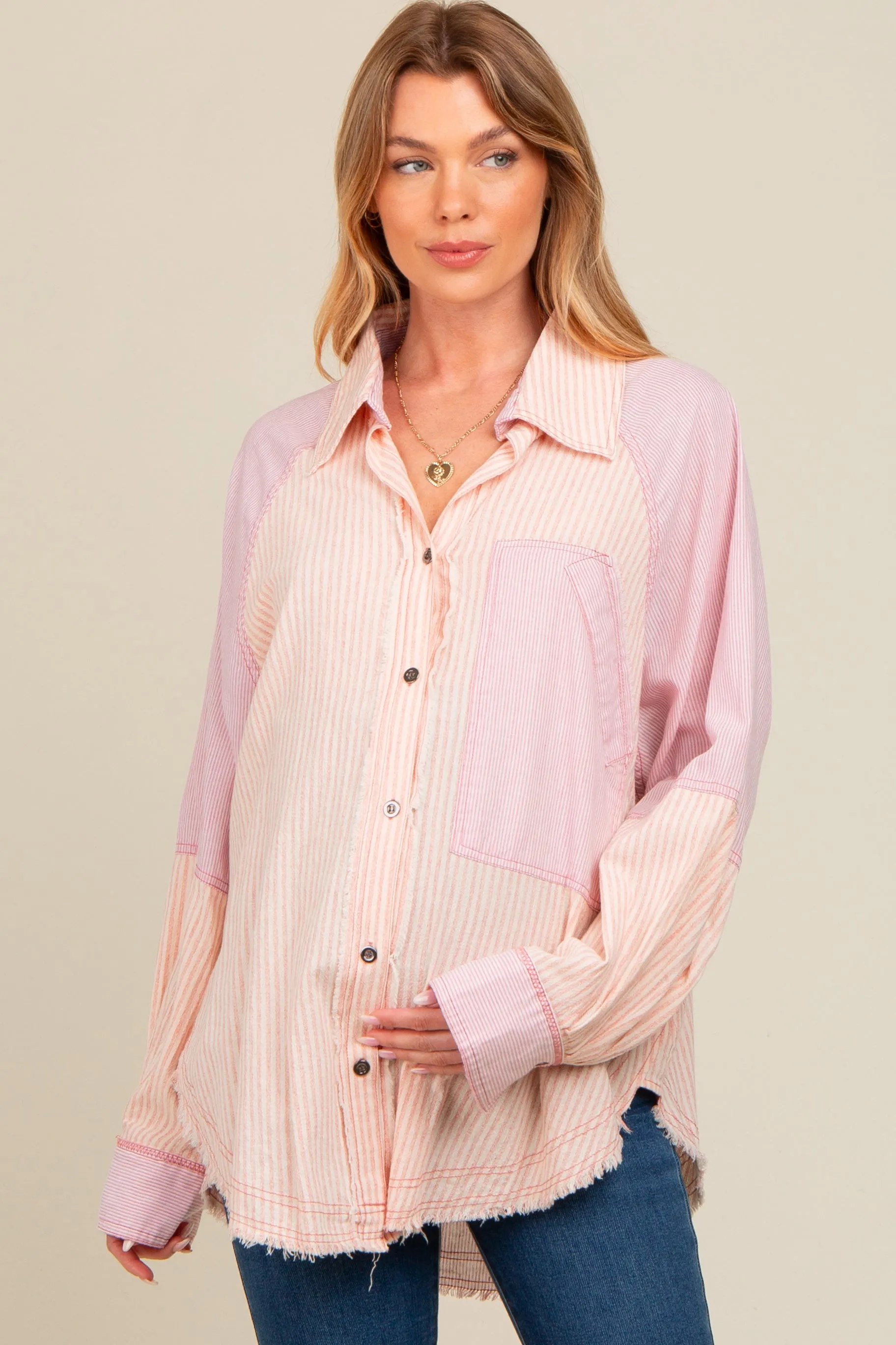 Mauve Striped Button Down Oversized Long Sleeve Maternity Top sold by Pinkblush product image thumbnail 2
