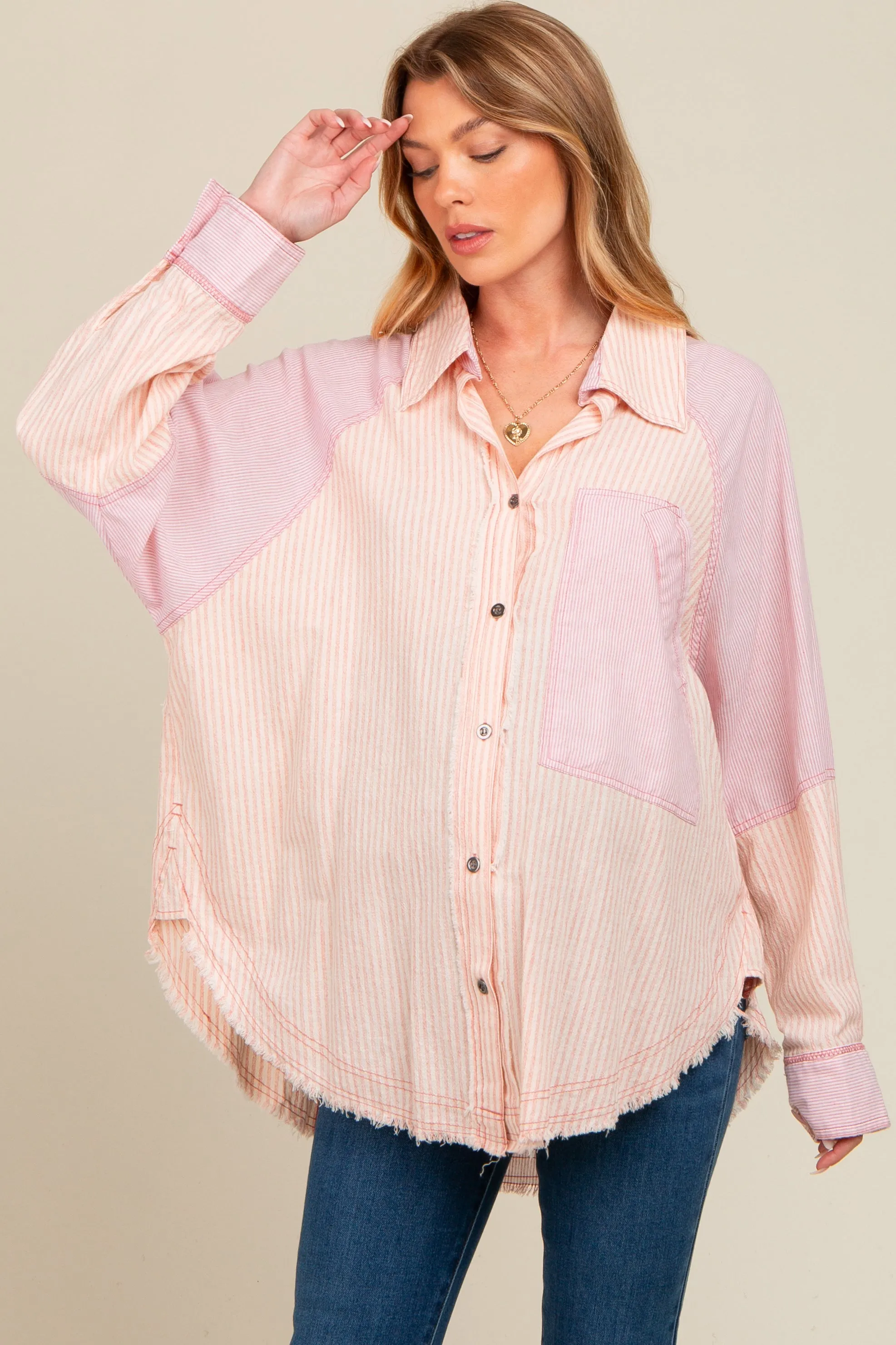 Mauve Striped Button Down Oversized Long Sleeve Maternity Top sold by Pinkblush