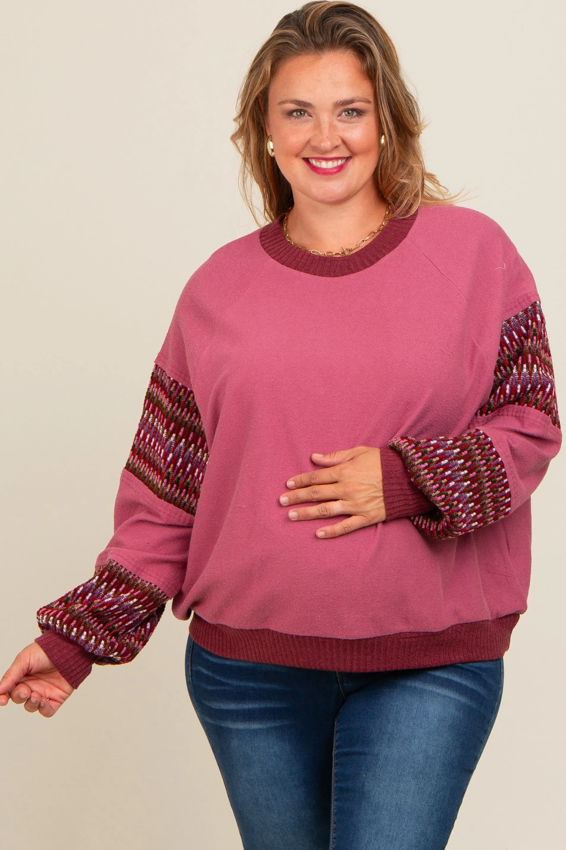 Mauve Knit Contrast Sleeve Maternity Plus Pullover sold by Pinkblush