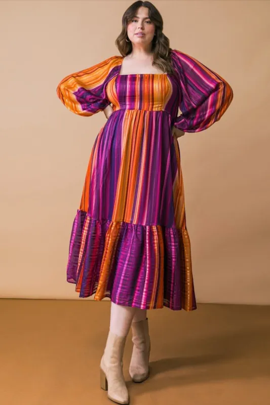 Plum Striped Metallic Yarn Plus Midi Dress sold by Pinkblush