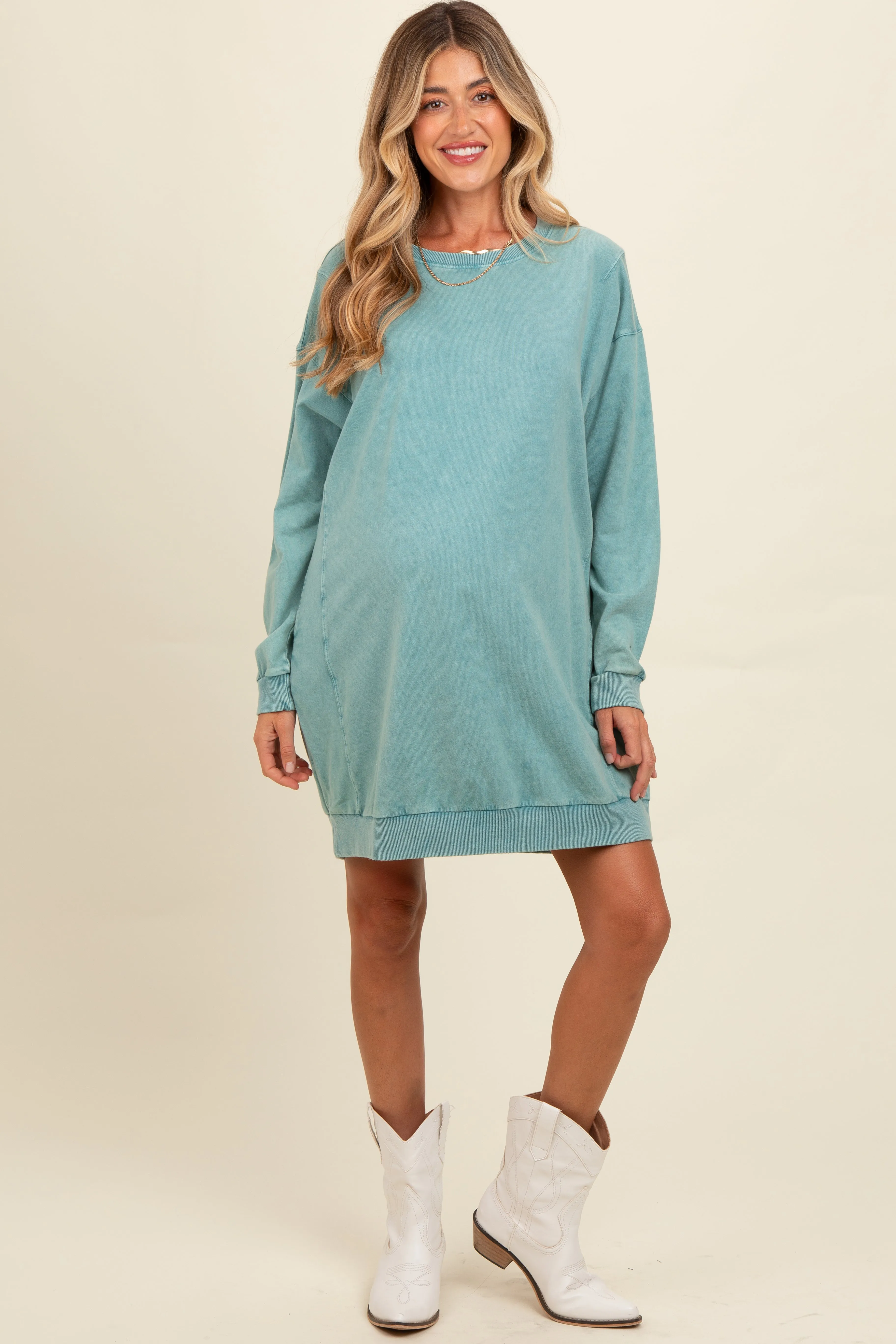 Teal Mineral Wash Maternity Sweatshirt Dress sold by Pinkblush product image thumbnail 2