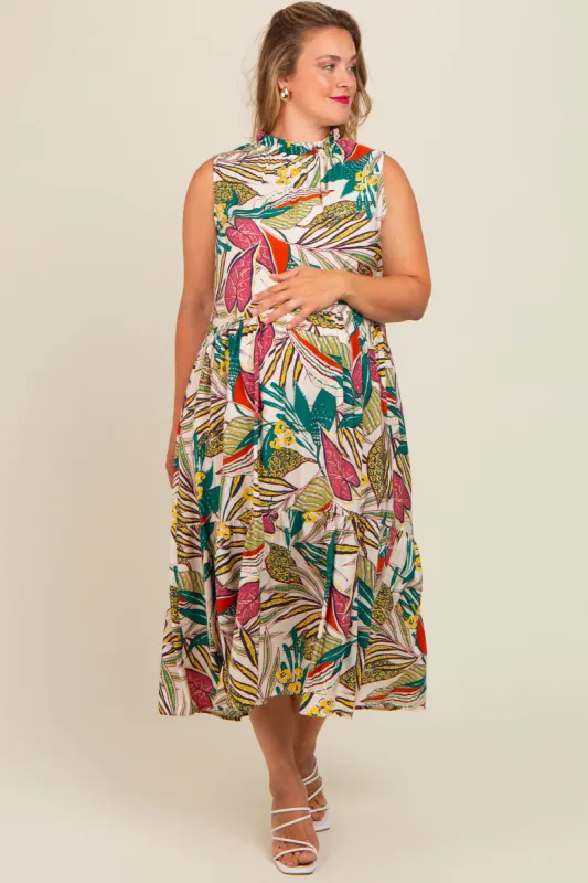 Cream Floral Ruffle Mock Neck Tiered Maternity Plus Midi Dress sold by Pinkblush