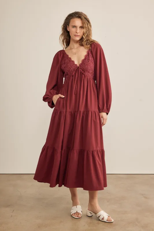 Burgundy Contrast Lace Bodice Tiered Midi Dress sold by Pinkblush