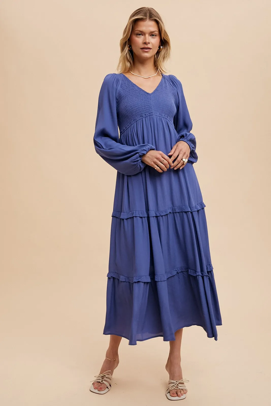 Blue Smocked Tiered Midi Dress sold by Pinkblush