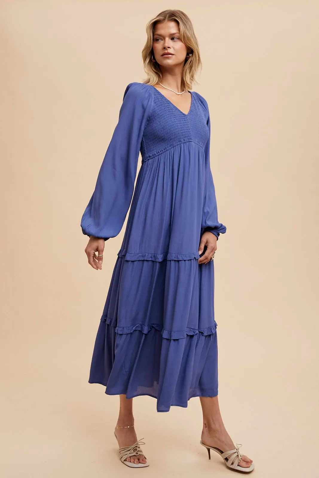 Blue Smocked Tiered Midi Dress sold by Pinkblush product image thumbnail 2